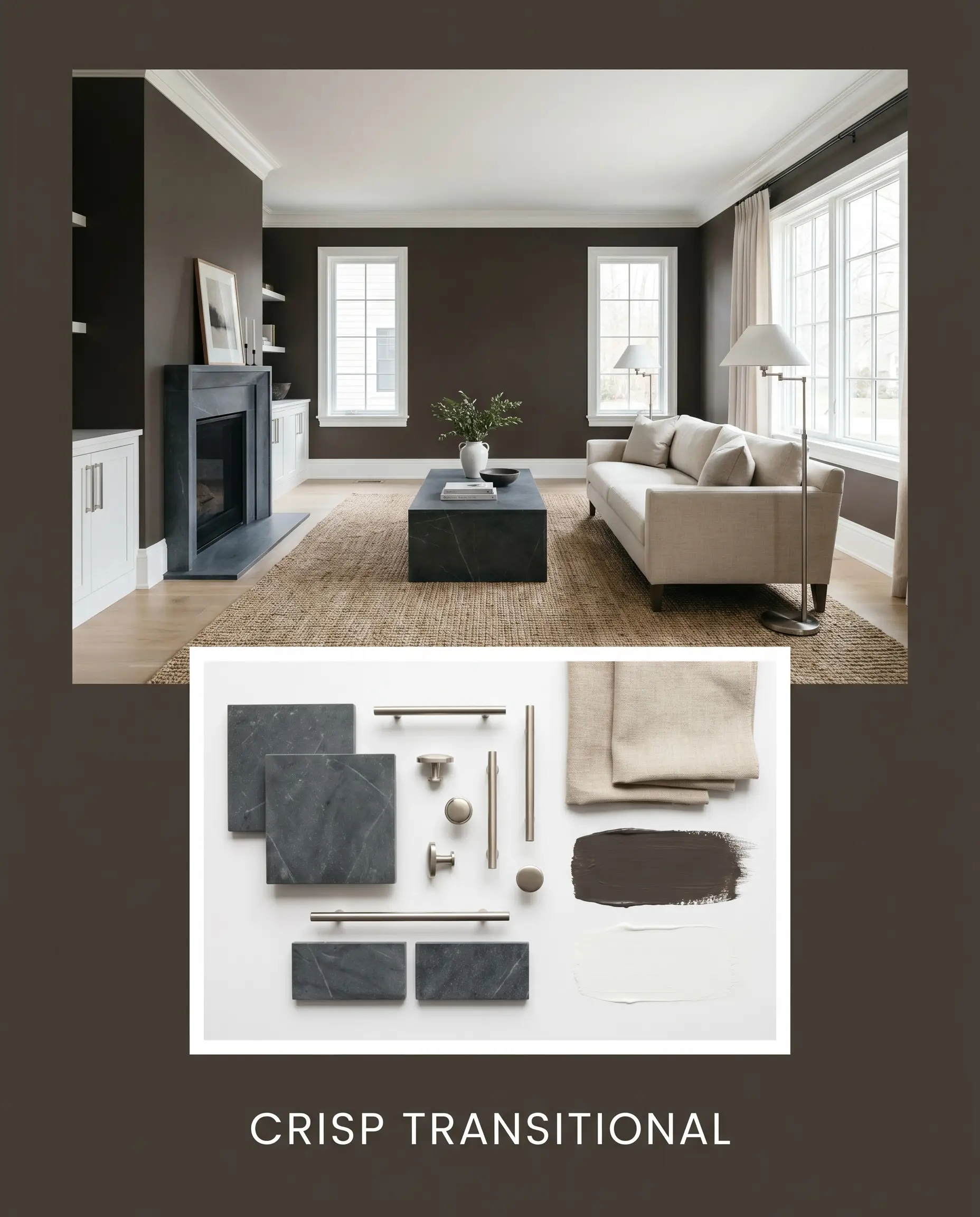 Honed soapstone samples, brushed nickel hardware, and natural linen fabric rest below a sophisticated living room showcasing dark moody walls and brilliant white trim.