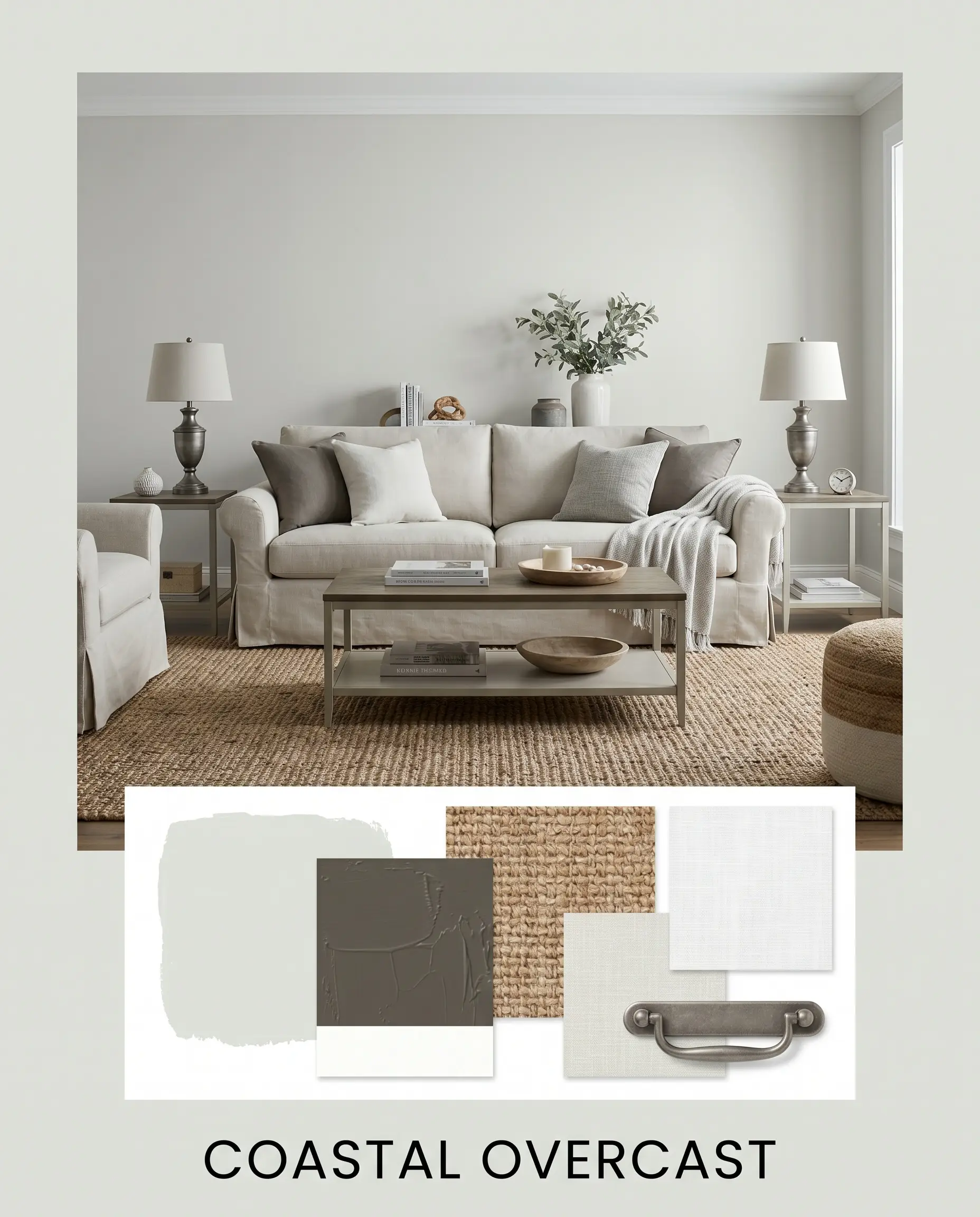 An editorial magazine layout pairs a relaxed coastal living room featuring a slipcovered linen sofa with a flat-lay of woven jute, white linen textiles, and pale gray paint.