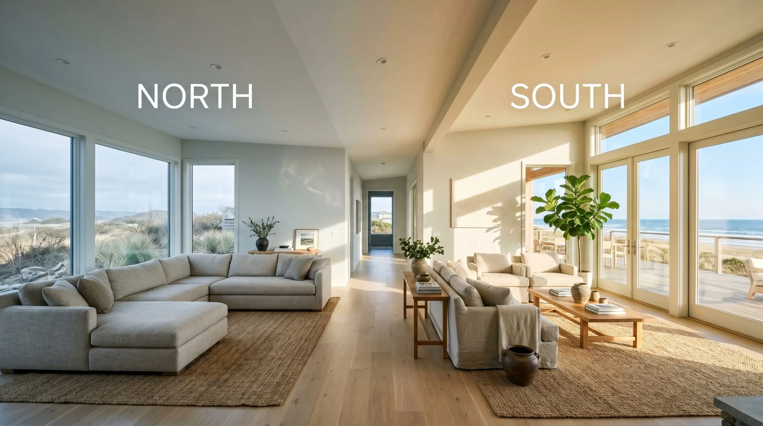 A continuous expansive living room showcases how the wall color shifts from a chilly pale gray in indirect North-facing sunlight to a warm effortless gray in intense South-facing exposure.