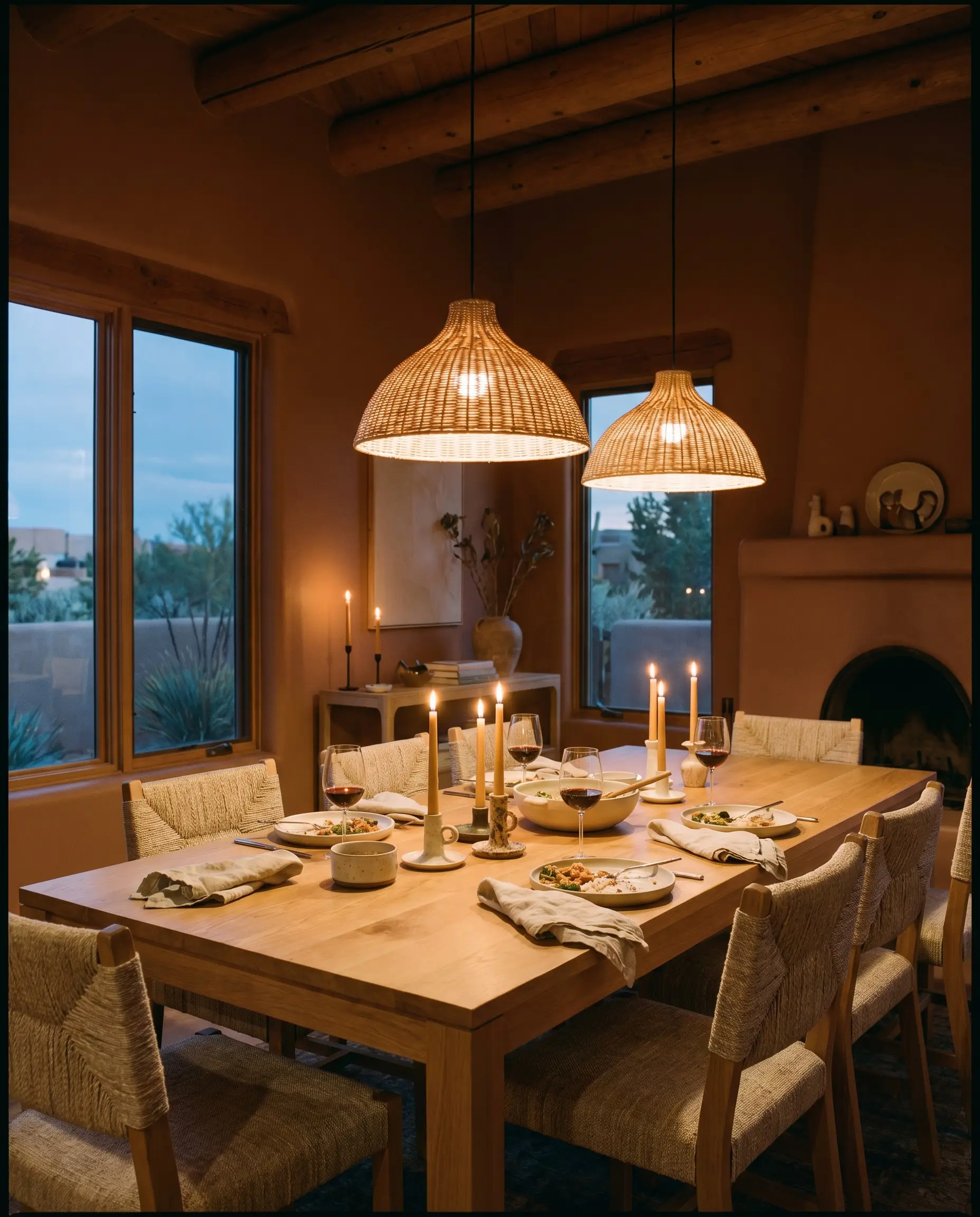 A simple oak dining table and woven slubby oatmeal linen chairs anchor a cocooning dining room enveloped in Dulux Tuscan Terracotta (Hex #D8967B).
