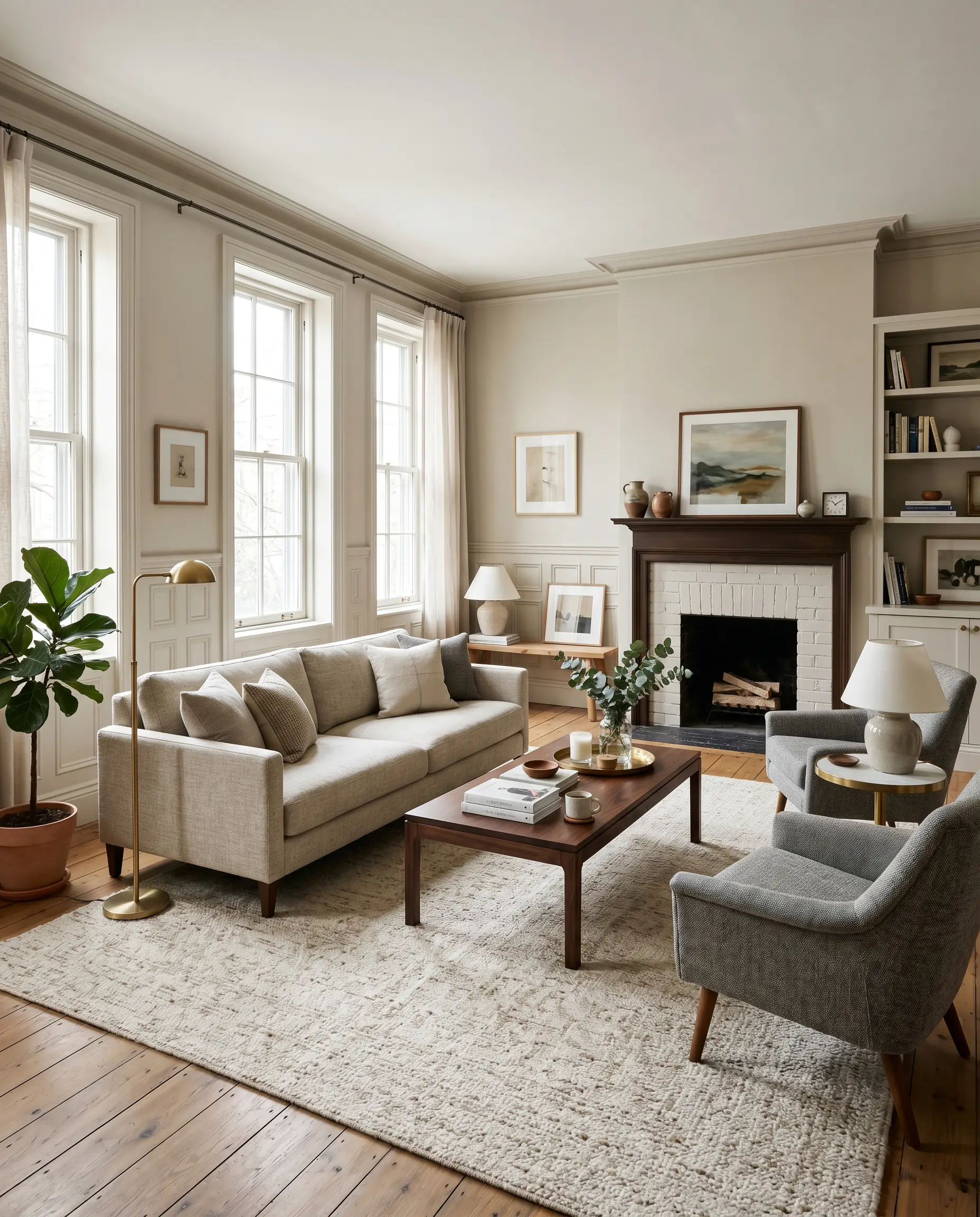 Intricate wainscoting backdrops a tailored linen sofa, a dark walnut coffee table, and an oversized woven wool rug in a sophisticated transitional space.