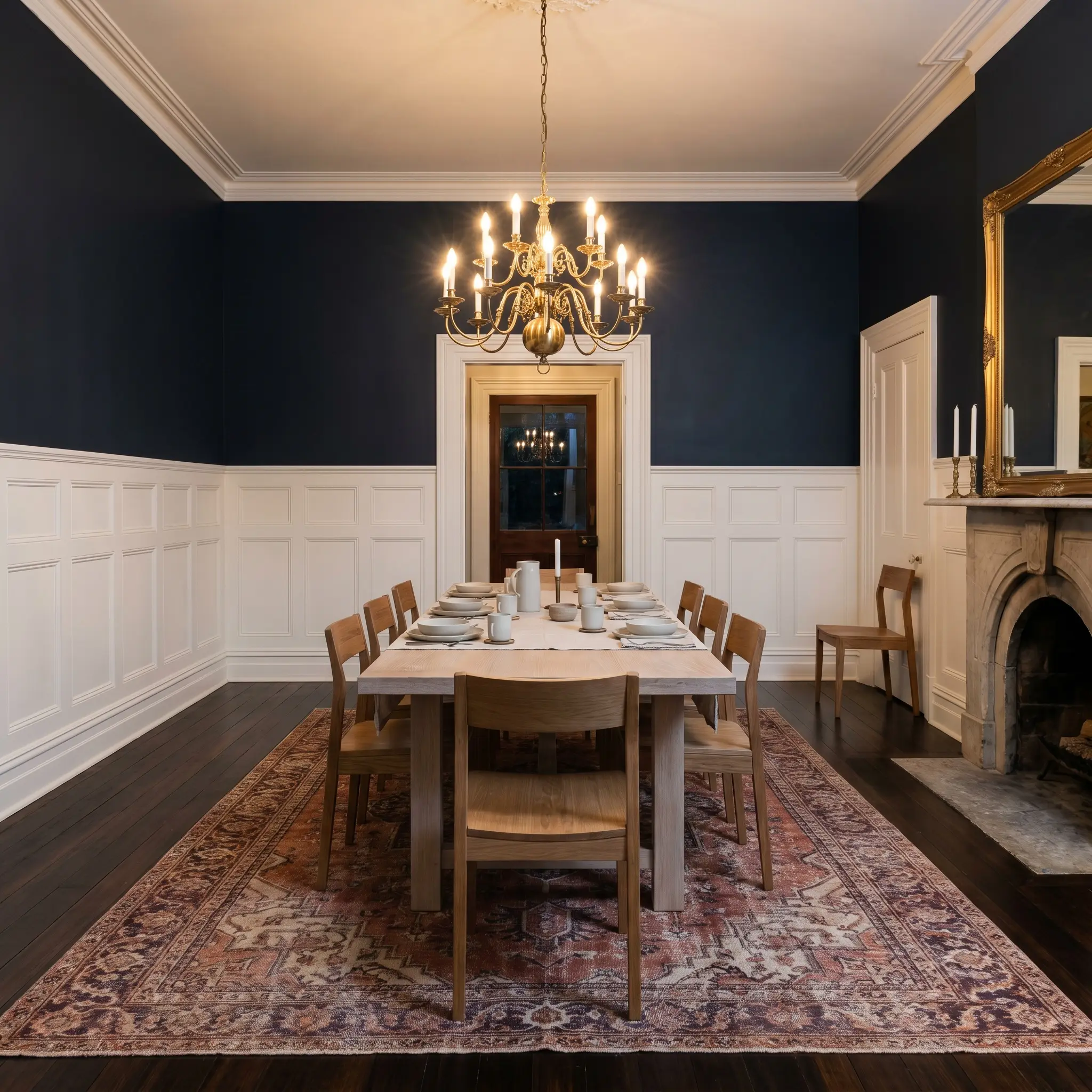 A bleached oak dining table and vintage Persian rug anchor a formal dining room featuring Black Opal upper walls and crisp white wainscoting.