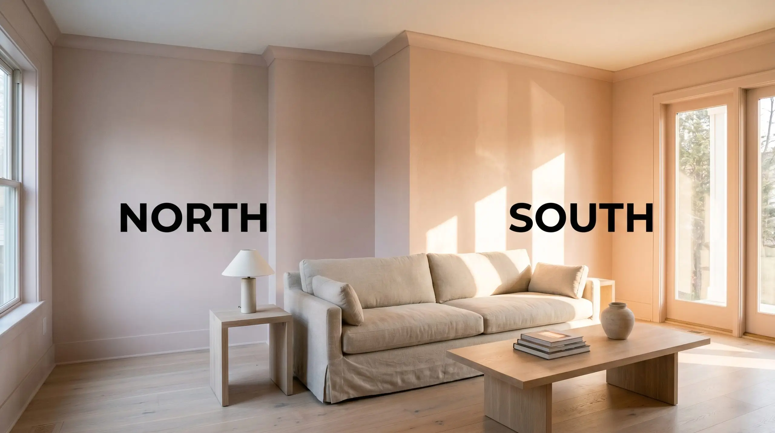 A split-screen living room painted in PPG Just Gorgeous (Hex #d6c4c1) shifts from cool flat tones in North-facing light to warm rosy casts in South-facing sunlight.
