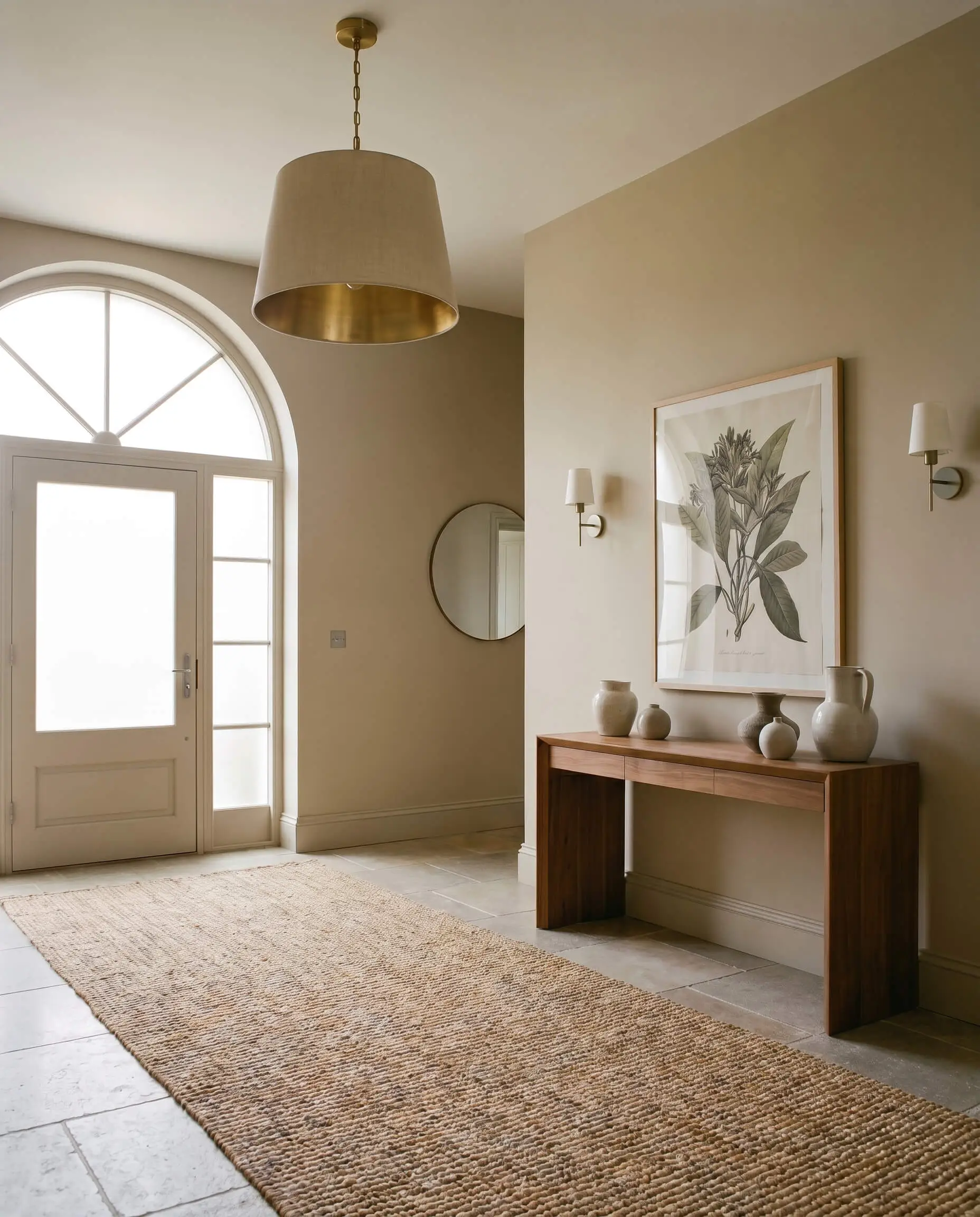 A transitional entryway anchored by a natural jute runner rug and an unlacquered brass pendant light features walls painted in Bleeker Beige (Hex #CDC0A8).
