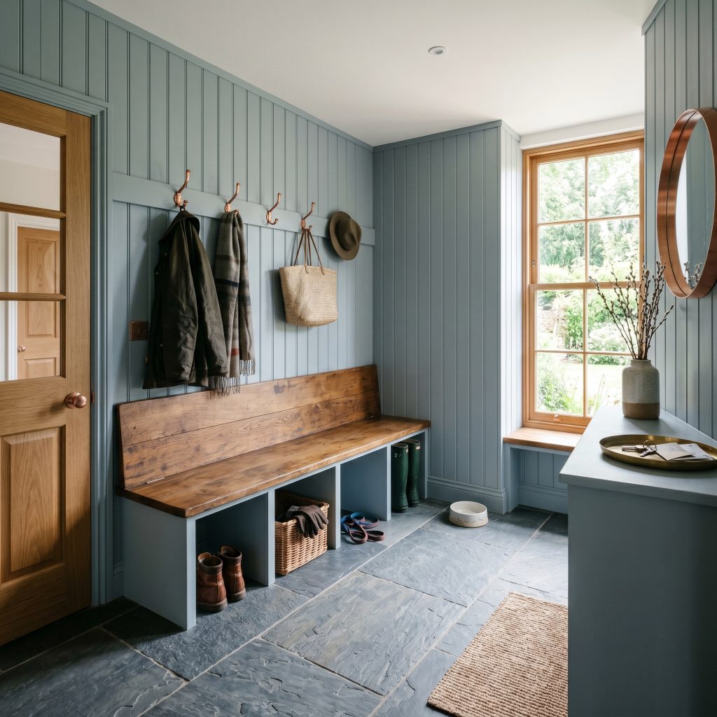 Floor-to-ceiling beadboard paneling painted in Farrow & Ball Selvedge (Hex #7c8e96) defines a functional mudroom featuring durable cleft slate floors and a reclaimed oak bench.