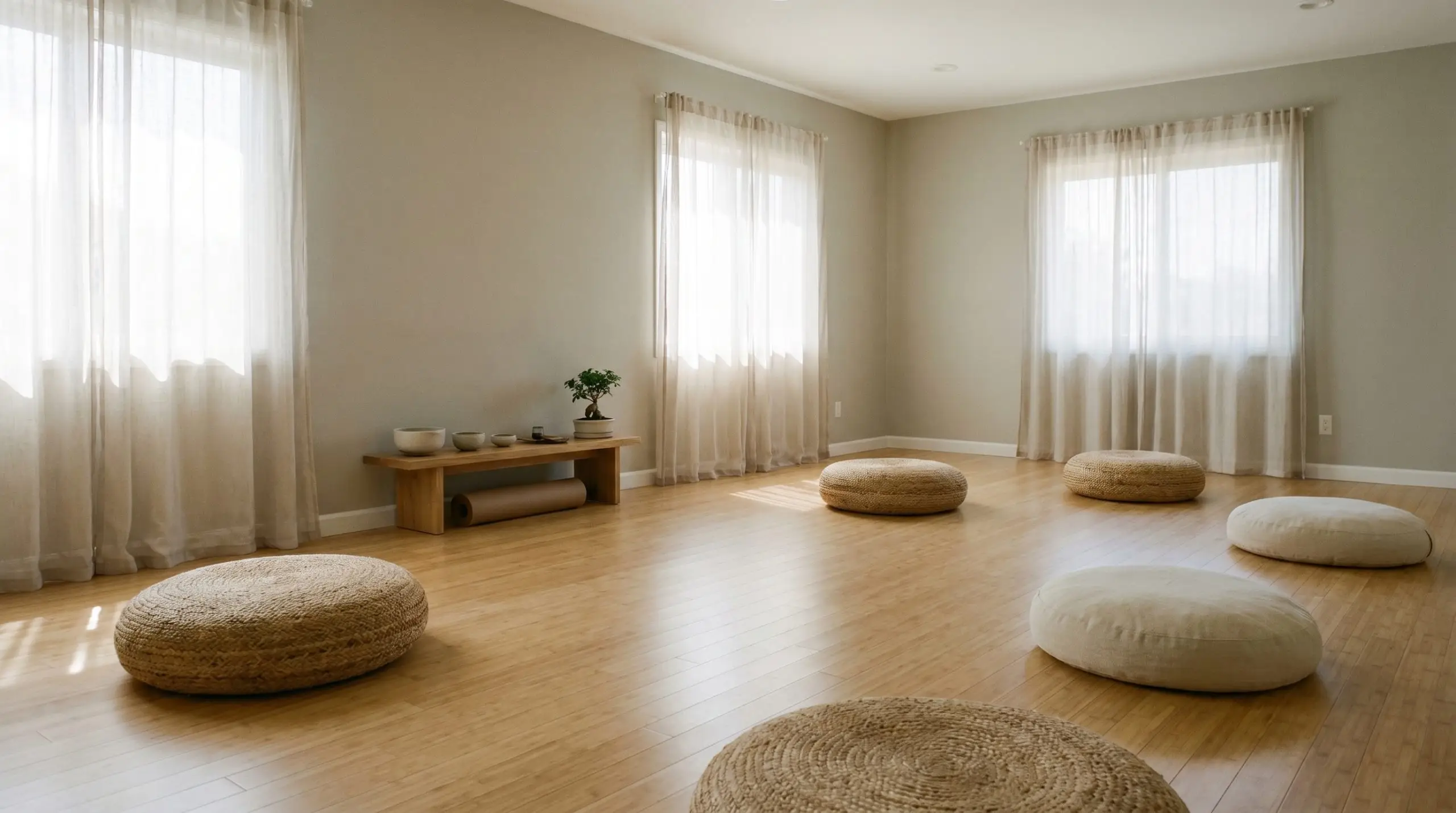 Light bamboo flooring and oversized woven floor cushions create a serene wellness home studio surrounded by warm gray walls and sheer cotton panels.