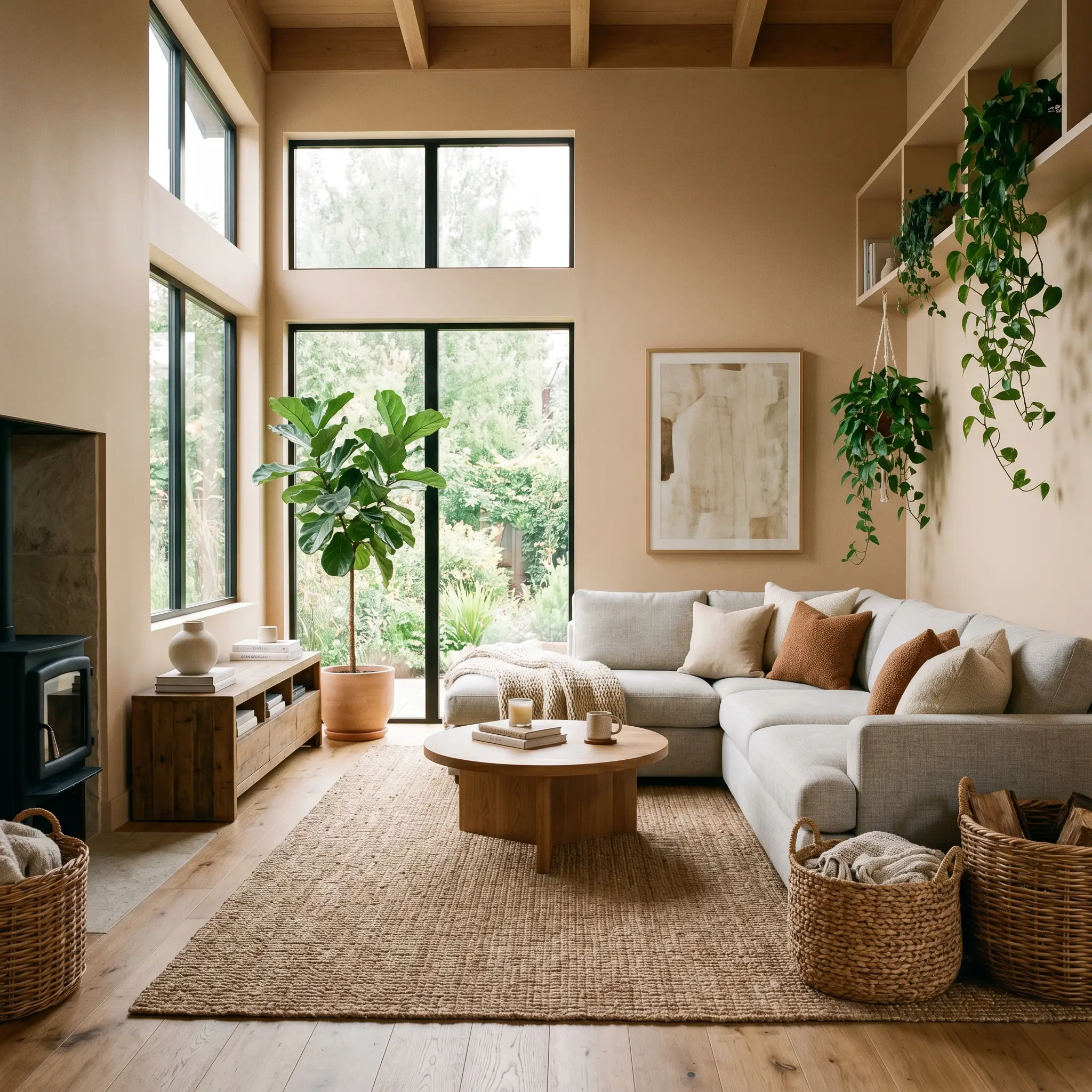 A light-gray upholstered sectional sits alongside oversized woven baskets and lush trailing greenery against warm earthy tan painted walls.