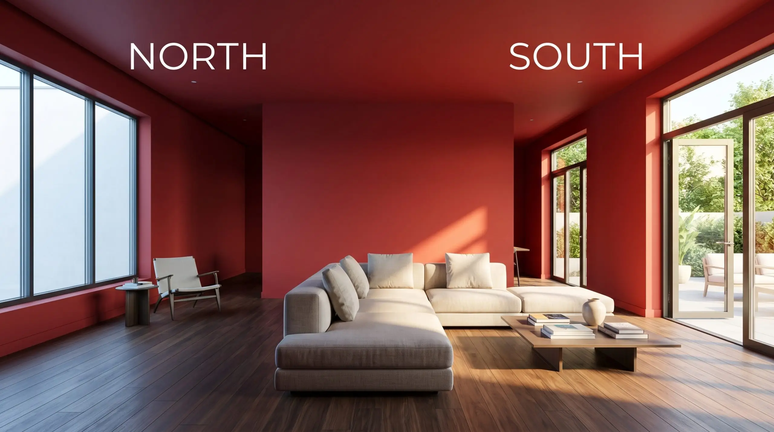 A seamless contemporary living room painted Benjamin Moore Red (Hex #C92E2E) demonstrates light reflectance, shifting from cool North-facing indirect light to warm sun-drenched South-facing exposure.