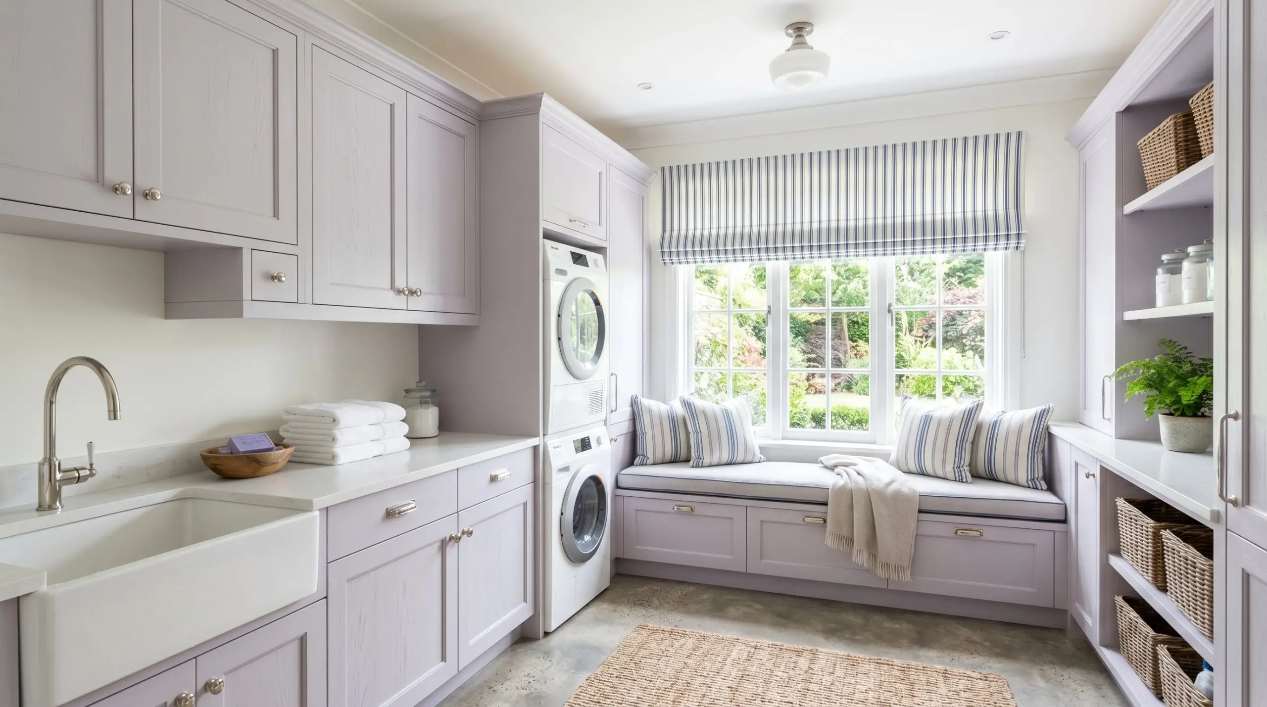 Raw concrete floors and polished nickel cabinet pulls ground a calming utility space featuring custom cabinetry painted in Benjamin Moore Misty Lilac (Hex #EAE3F0).