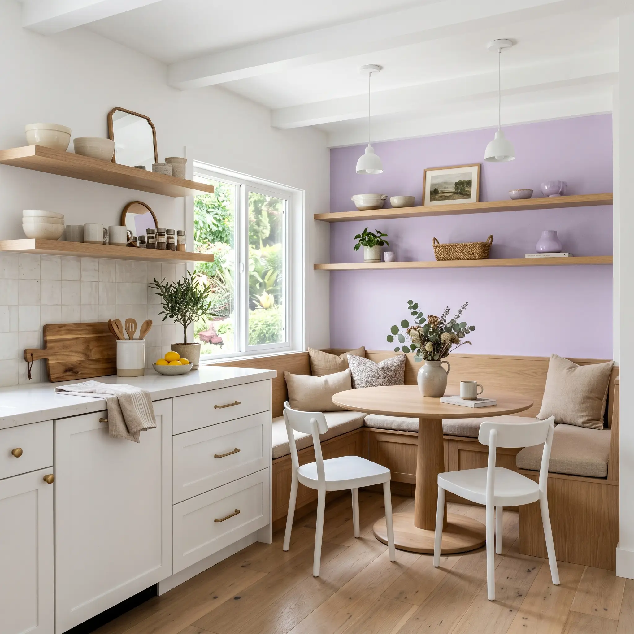 A bright breakfast nook features a sophisticated lilac accent wall behind white oak open shelving, handmade zellige backsplash tiles, and brushed gold hardware.