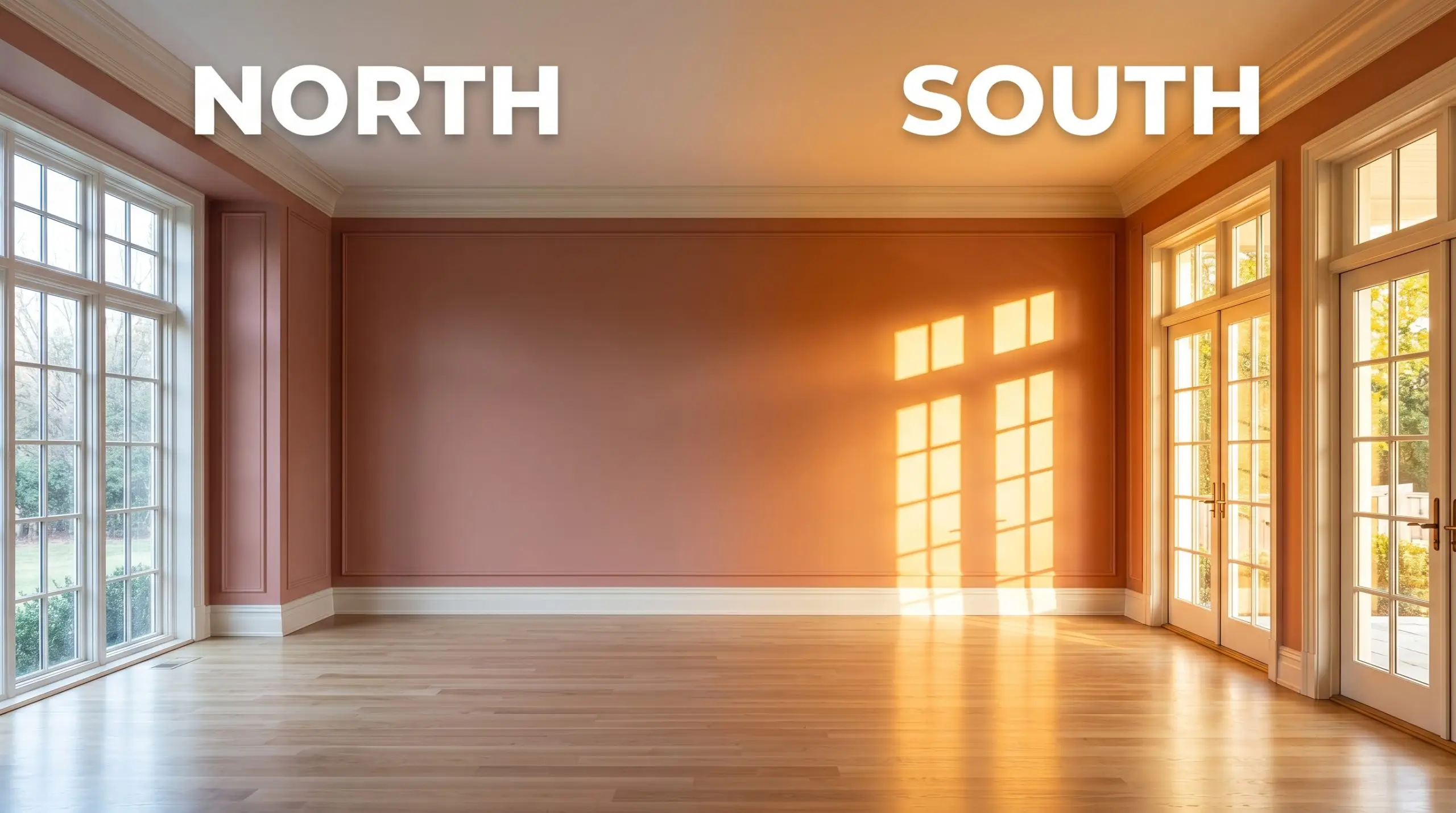 A continuous living room wall shifts from cool flat indirect light to vibrant warm afternoon sunlight across Benjamin Moore Rosy Peach (Hex #B55E4F).