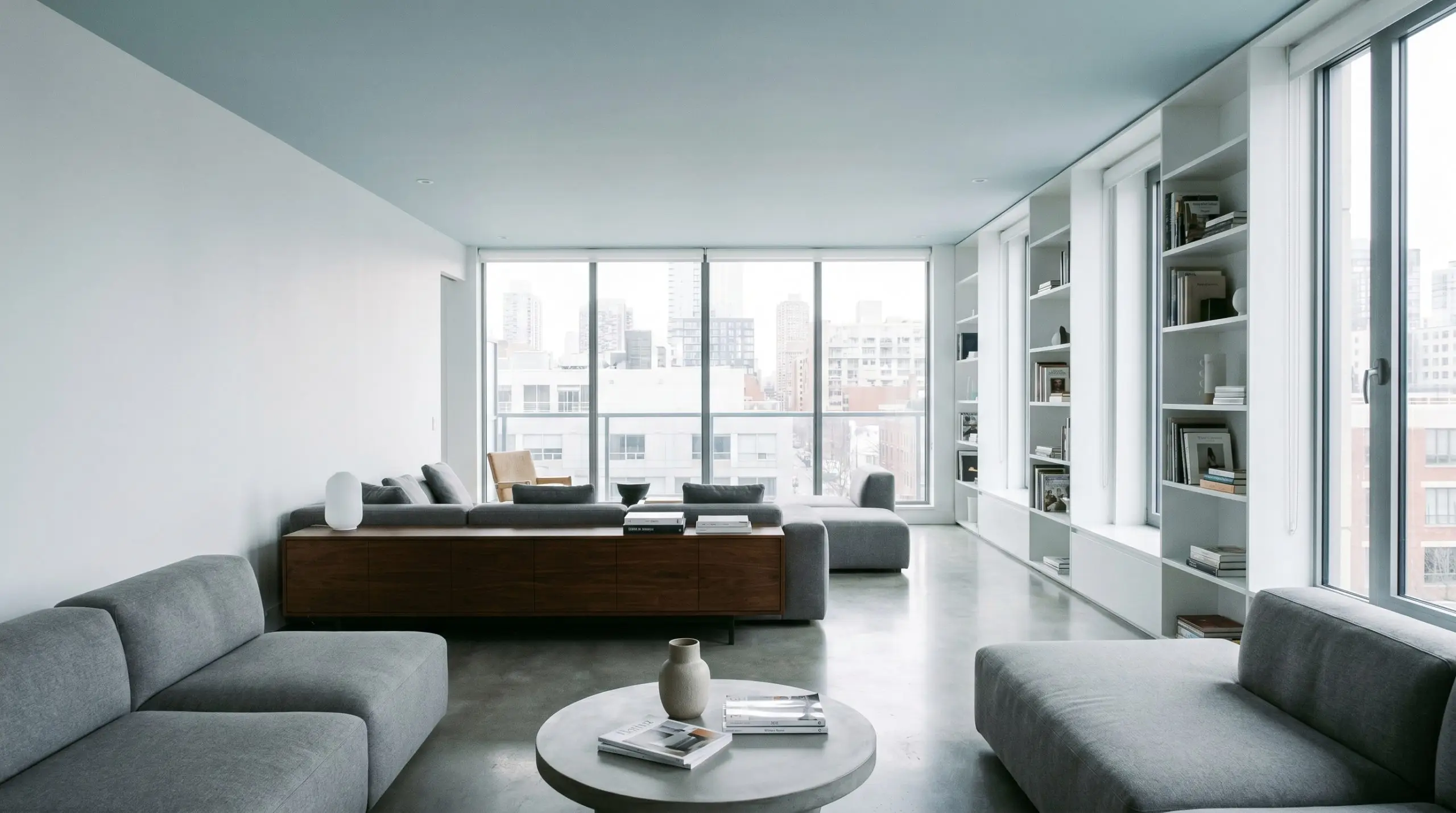 Low-profile modern furniture and sleek built-in shelving sit beneath a ceiling painted in Dulux Mineral Mist (Hex #C3D8E3) to emphasize a lifted architectural illusion.