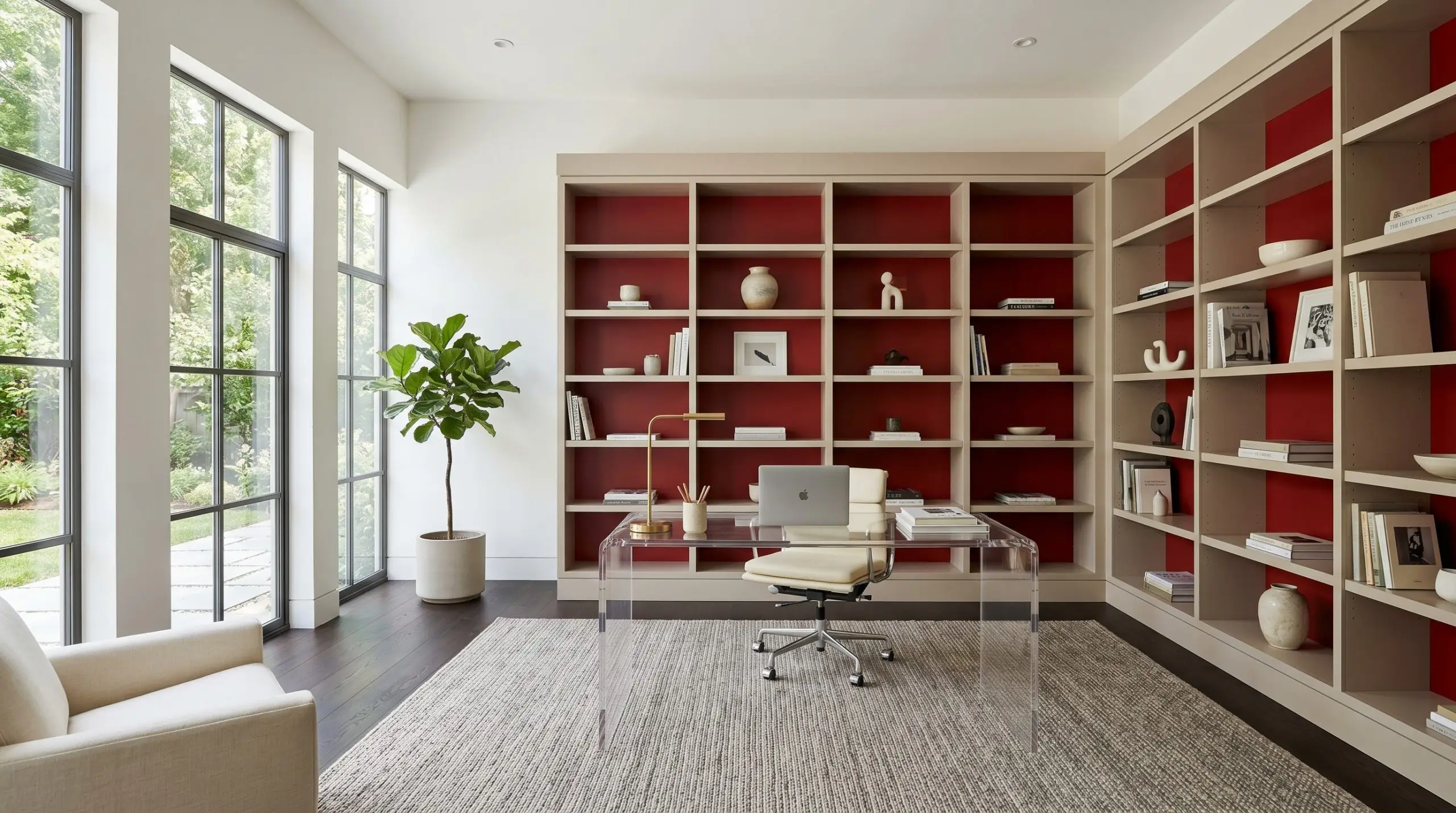 A sleek lucite desk and cool-toned sisal rug sit in a modern home office featuring floor-to-ceiling built-in bookcases with vibrant primary red back panels.