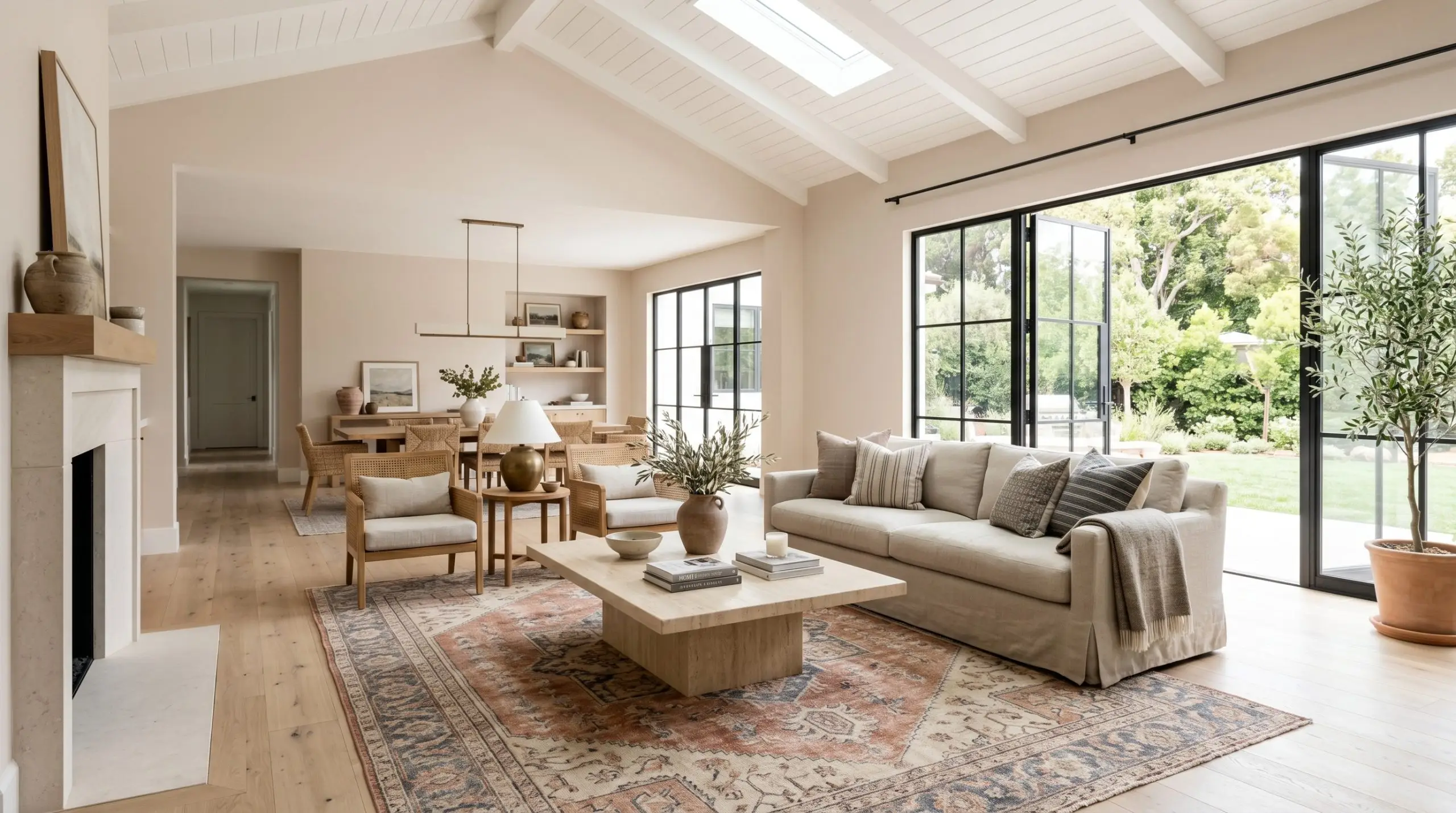 An expansive open-concept living area features highly reflective walls painted in Sandy Beach (Hex #e9dad2), a plinth-base travertine coffee table, and a slipcovered linen sofa.