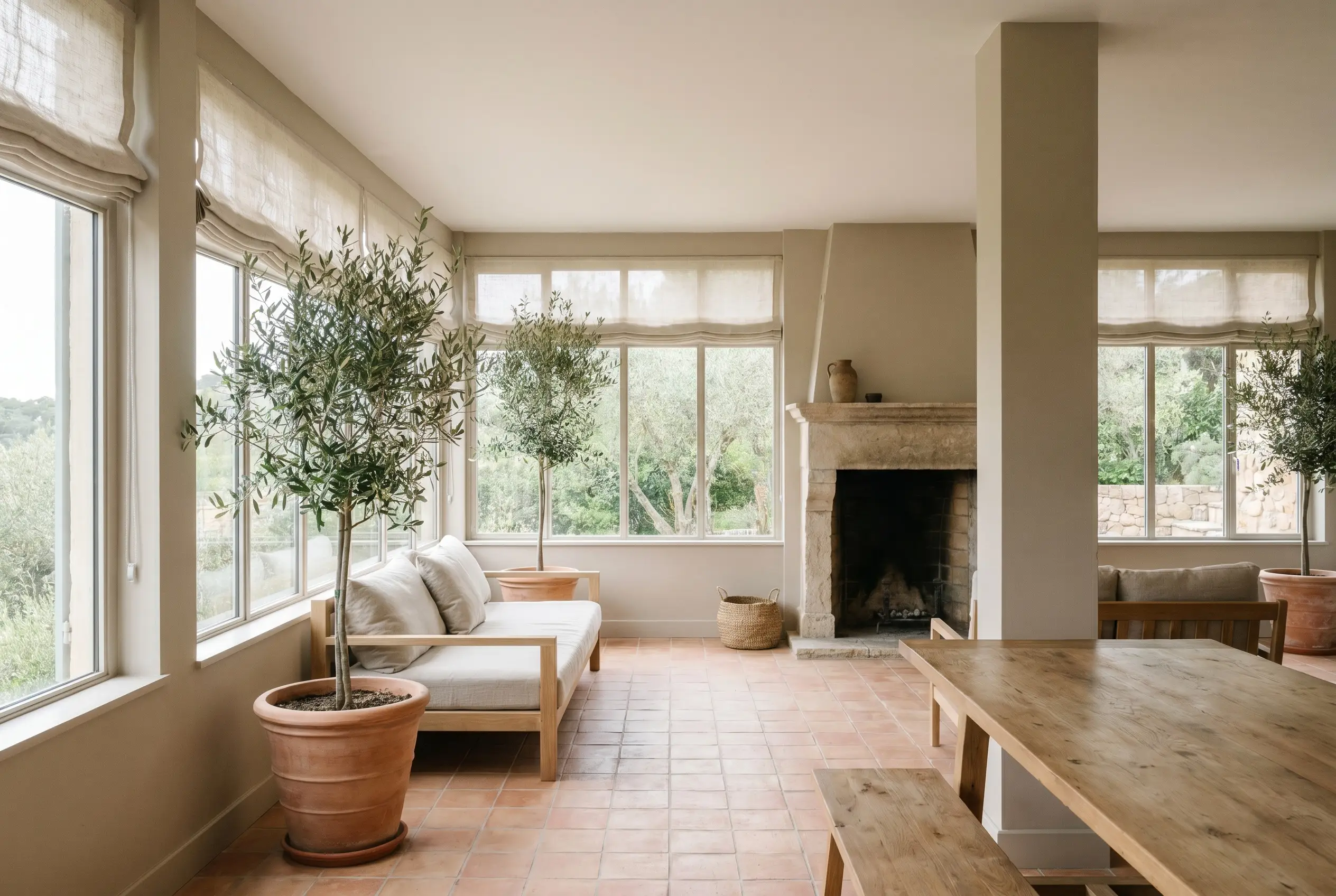 Lush indoor olive trees, terracotta floor tiles, and breezy linen shades fill a bright sunroom framed by warm mid-tone neutral structural pillars.