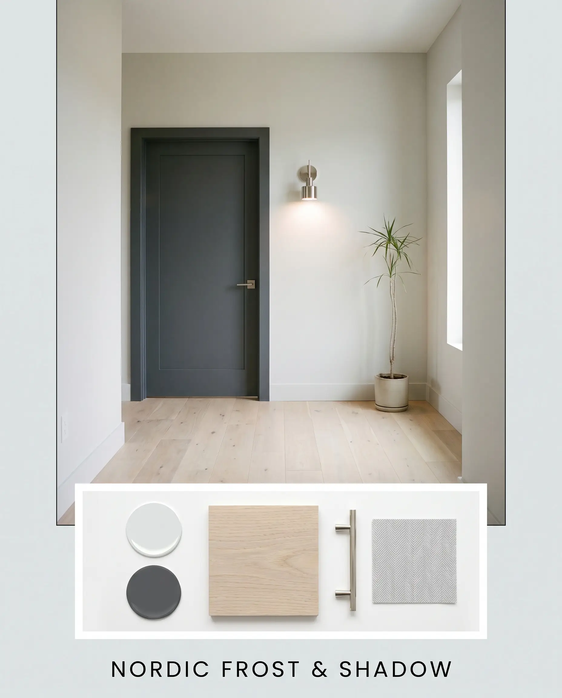 An editorial concept board pairs a cool off-white minimalist entryway with a flat-lay featuring bleached white oak, polished nickel hardware, and herringbone textile.