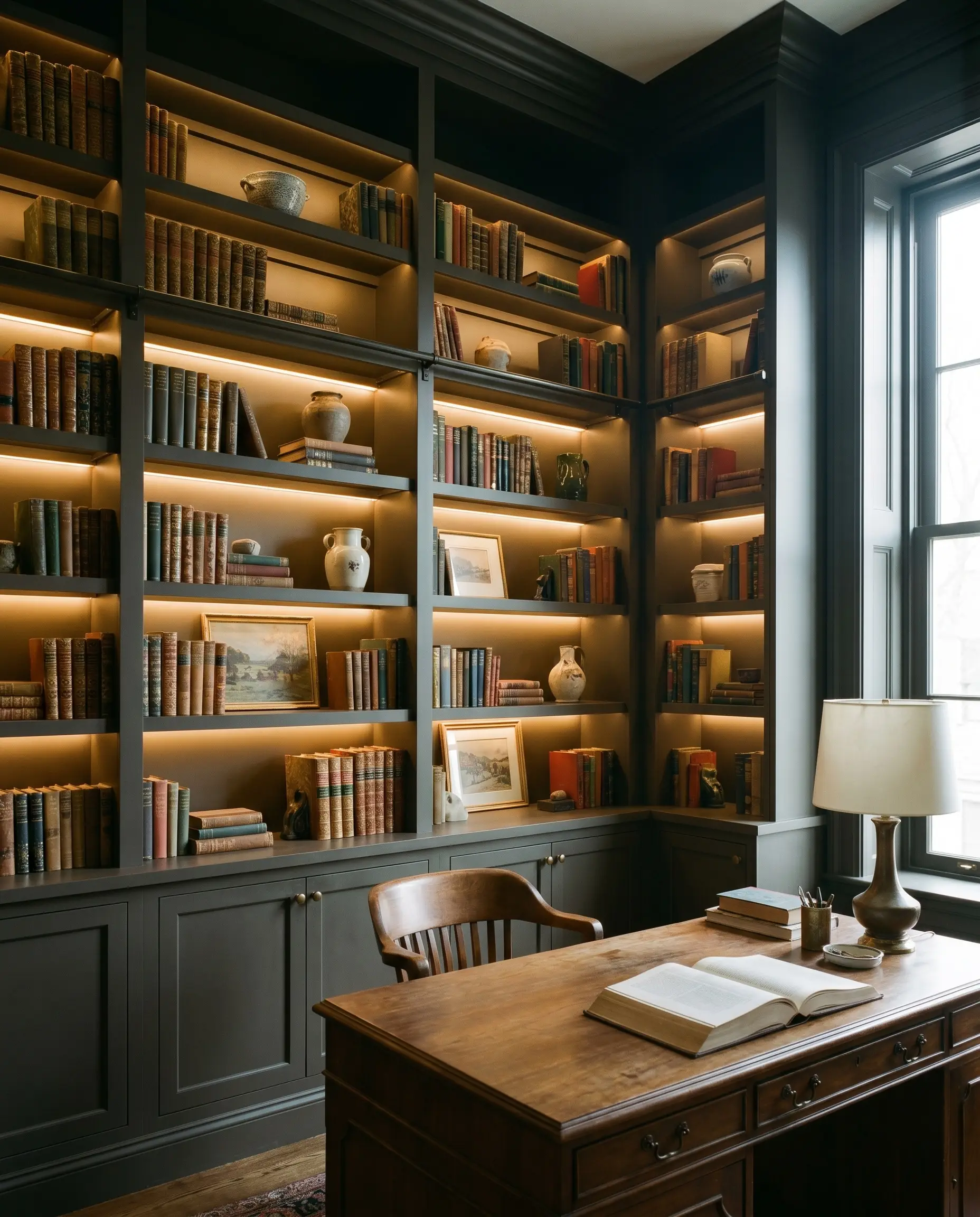 Antique book spines and curated ceramics line dead-flat matte brown-black built-in shelving illuminated by warm LED strip lighting above a vintage walnut desk.