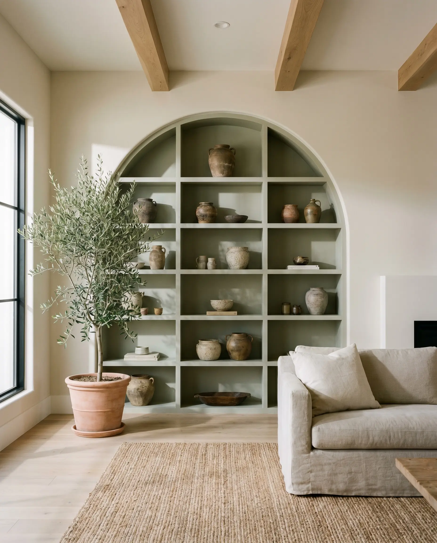 A custom arched built-in bookcase reveals an earthy sage interior backing, displaying a curated collection of textured stoneware and vintage pottery against pale oak surrounding walls.