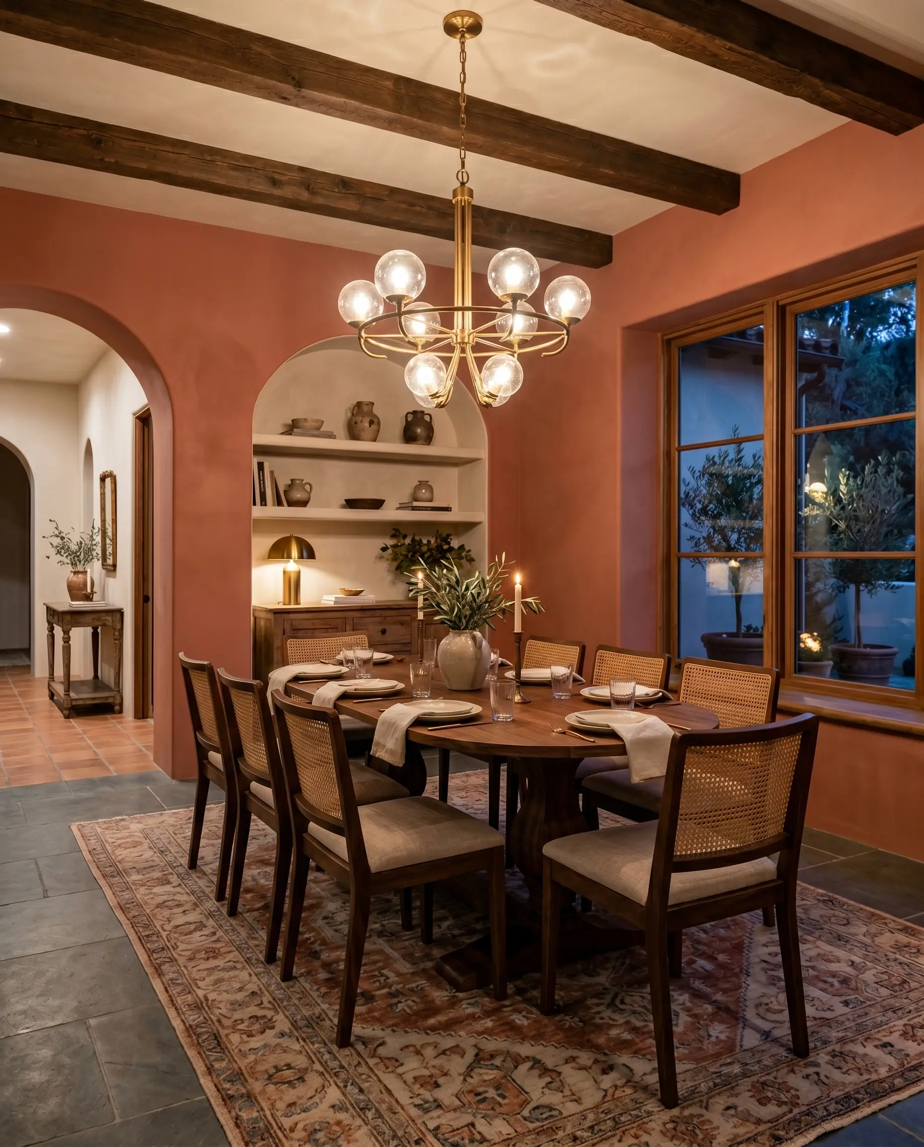 Woven cane-back chairs surround a walnut pedestal table resting on matte soapstone floors against a flat earthy red-brown depth architectural finish.