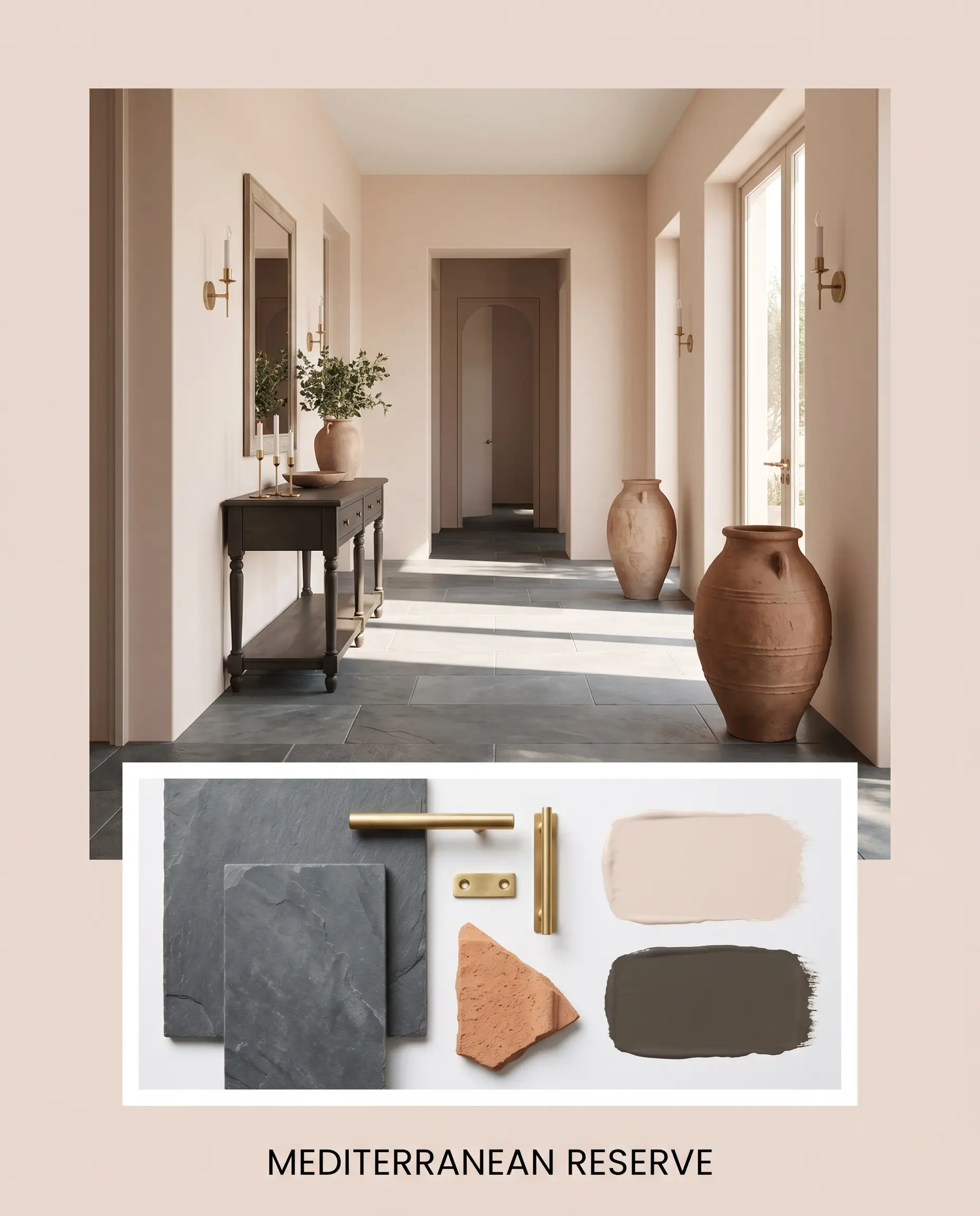 A Mediterranean entryway mood board showcases a wall painted in PPG Sandy Beach (Hex #e9dad2) alongside physical samples of honed slate, raw brass hardware, and terracotta.