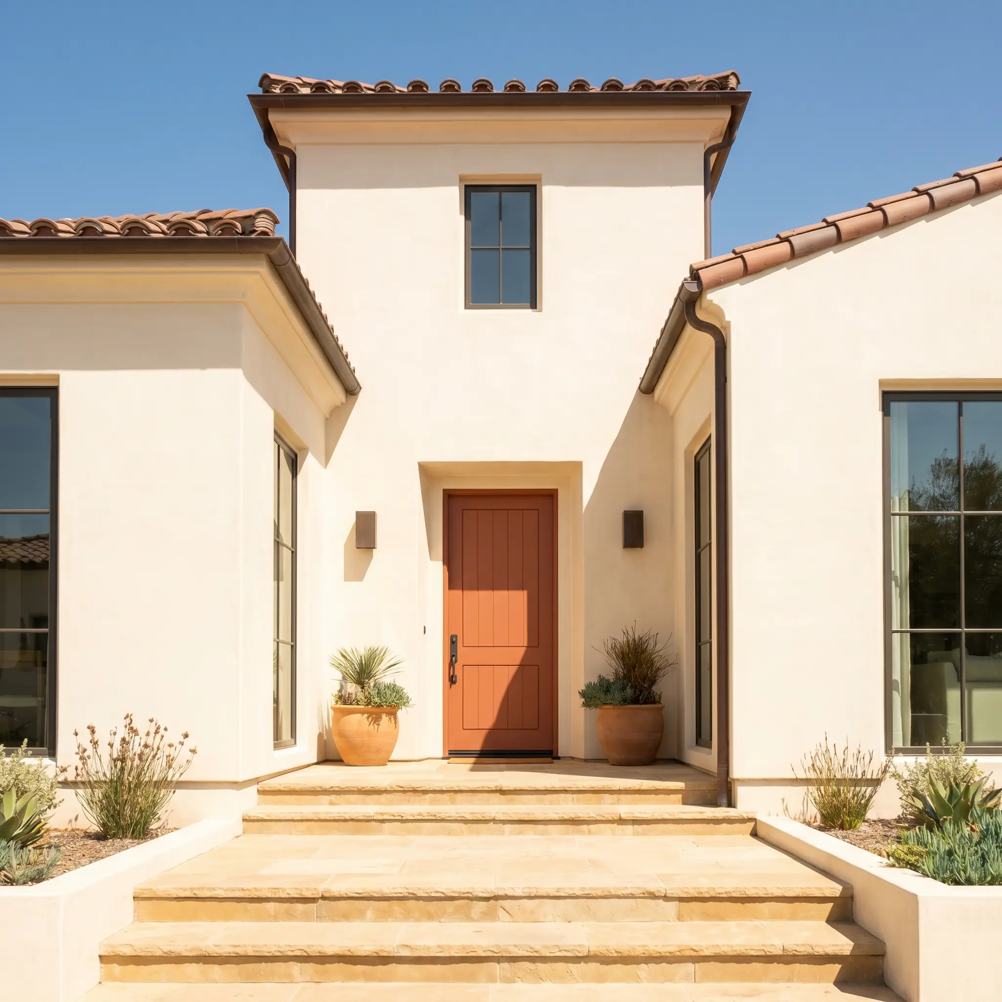 Creamy stucco exterior walls and warm stone steps lead to a Mediterranean home front door painted in Benjamin Moore Baked Terra Cotta (Hex #B36957).
