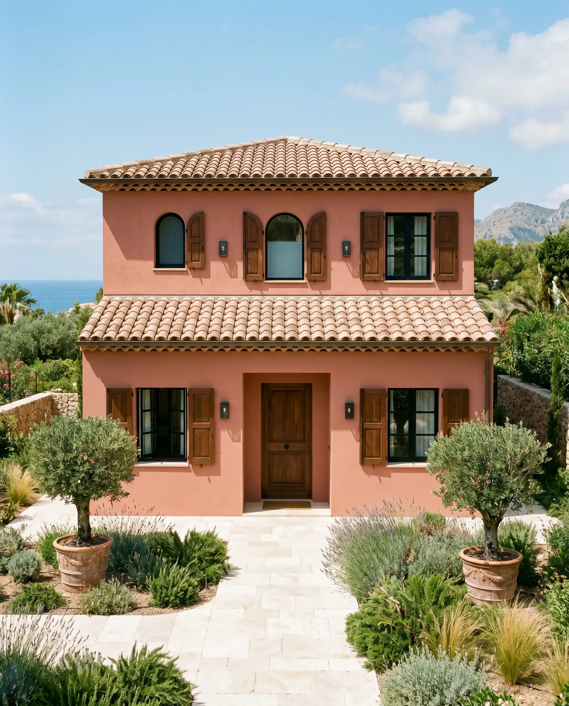 Smooth terracotta pink stucco walls frame a solid wood front door, classic paneled shutters, creamy limestone walkways, and matte blackened steel wall sconces.