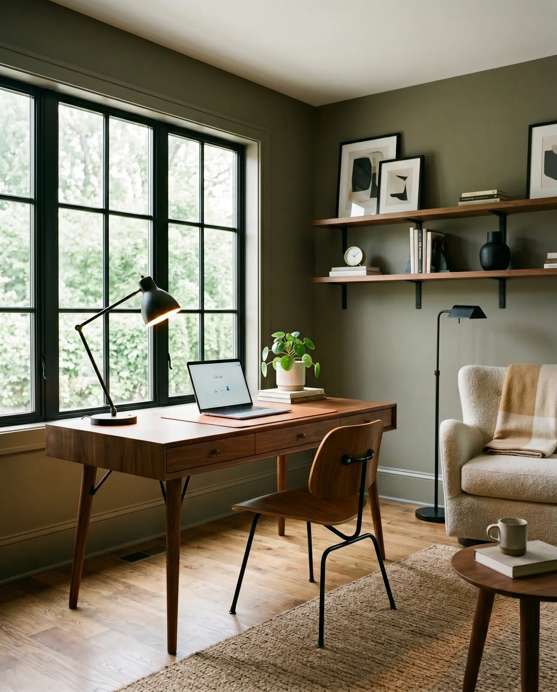 A mid-century modern walnut desk and a soft natural linen armchair anchor a grounding workspace, with walls and baseboards painted in Benjamin Moore Gloucester Sage (Hex #7B7665) featuring matte black iron accents.