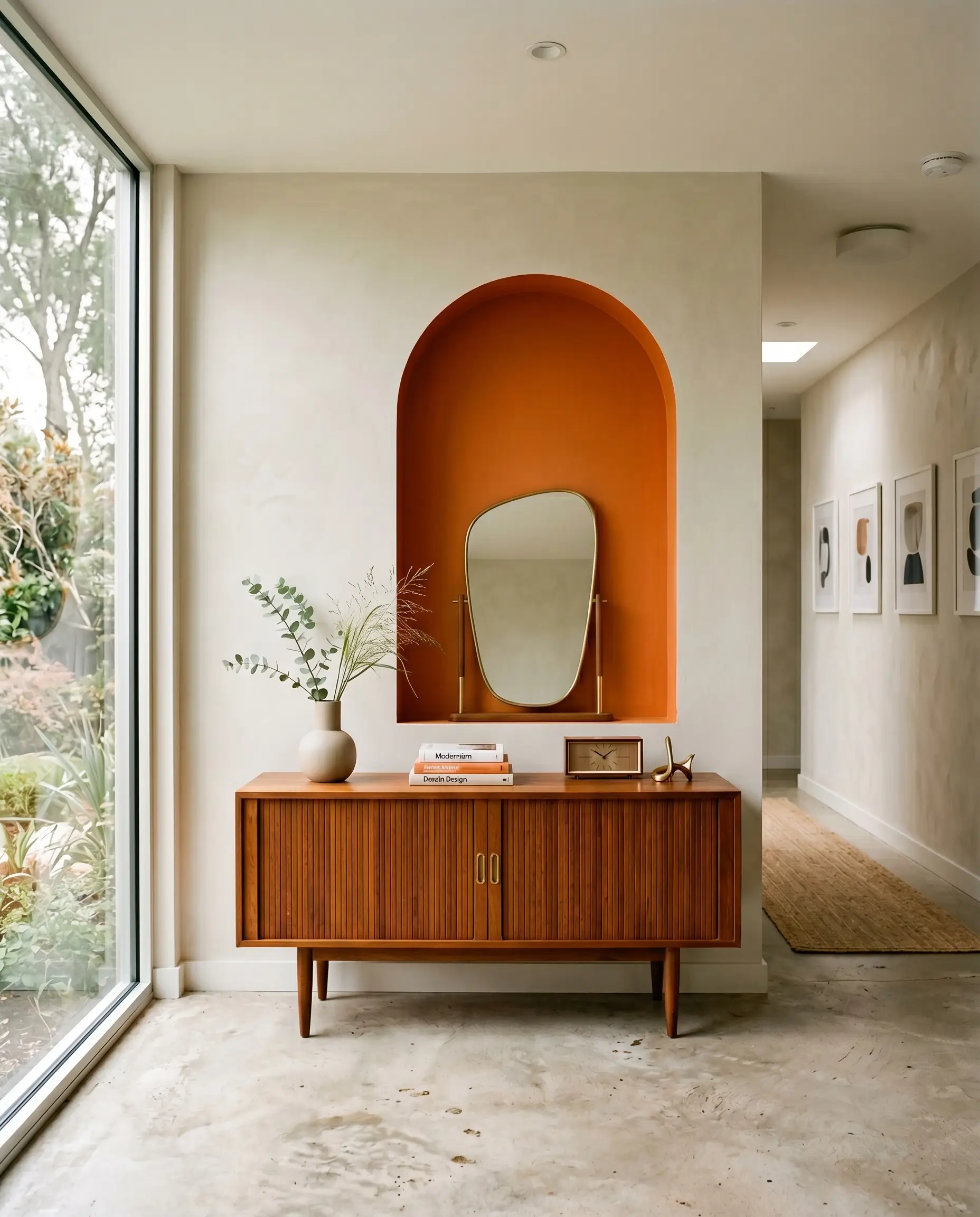 A mid-century teak sideboard and asymmetrical mirror sit directly in front of an arched recessed hallway niche painted in a striking mid-tone orange.