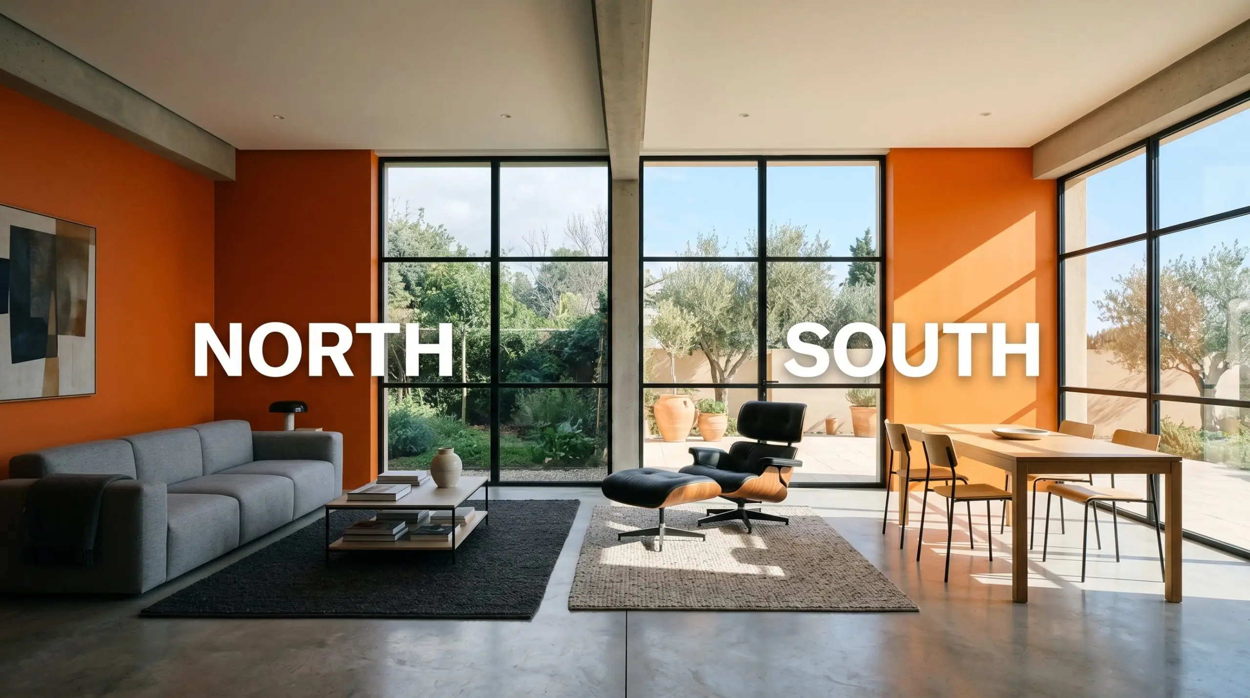 A modern living room features walls painted Benjamin Moore Electric Orange (Hex #F0701A), shifting from a flat earthy hue in cool Northern light to bright golden warmth in direct Southern exposure.