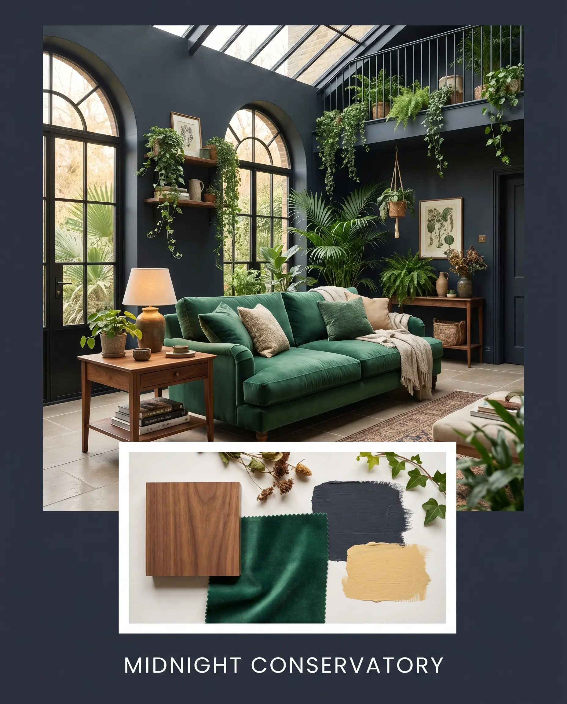 An editorial concept board showcases a lush conservatory with an emerald velvet sofa, an oiled walnut side table, and a velvety blue-black paint palette.