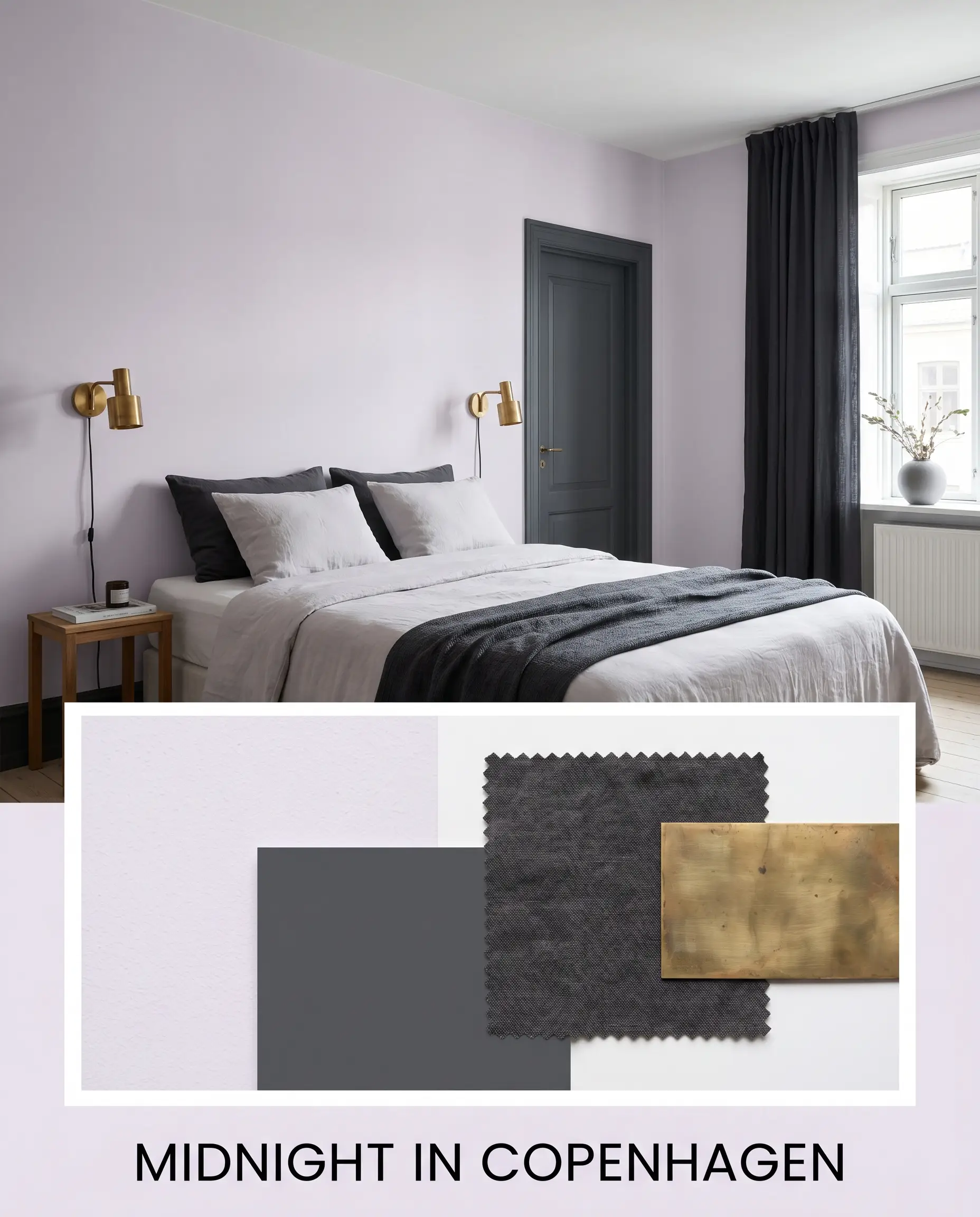 Raw unlacquered brass and a swatch of charcoal washed linen rest beneath a cozy modern Scandinavian bedroom showcasing a gray-blue cast paint palette.