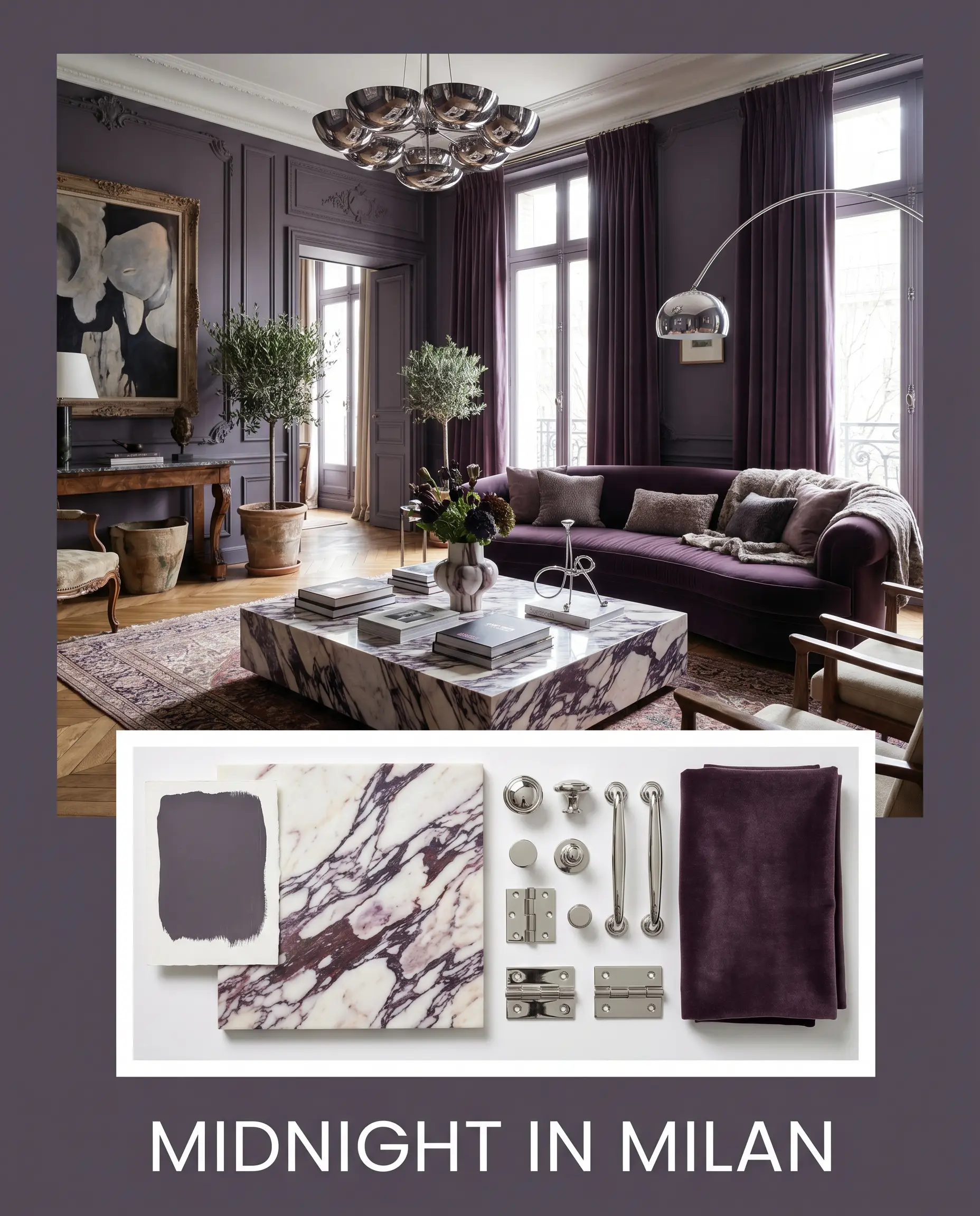 An editorial flat-lay featuring Benjamin Moore Shadow pairs a plush aubergine velvet sofa with a dramatic Calacatta Viola marble coffee table and polished chrome lighting.