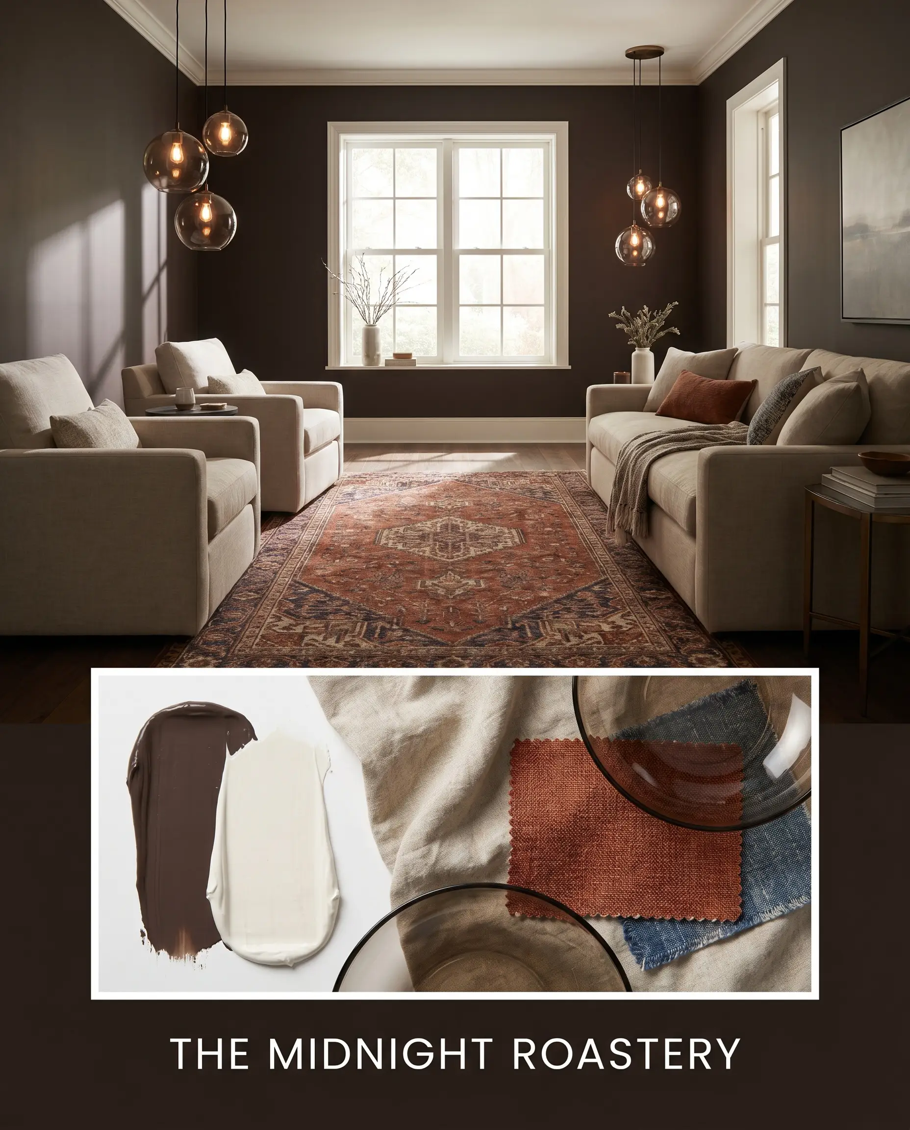 An editorial magazine layout features an oatmeal linen sofa and a vintage Persian runner above a flat-lay of dark brown paint textures and smoked glass.