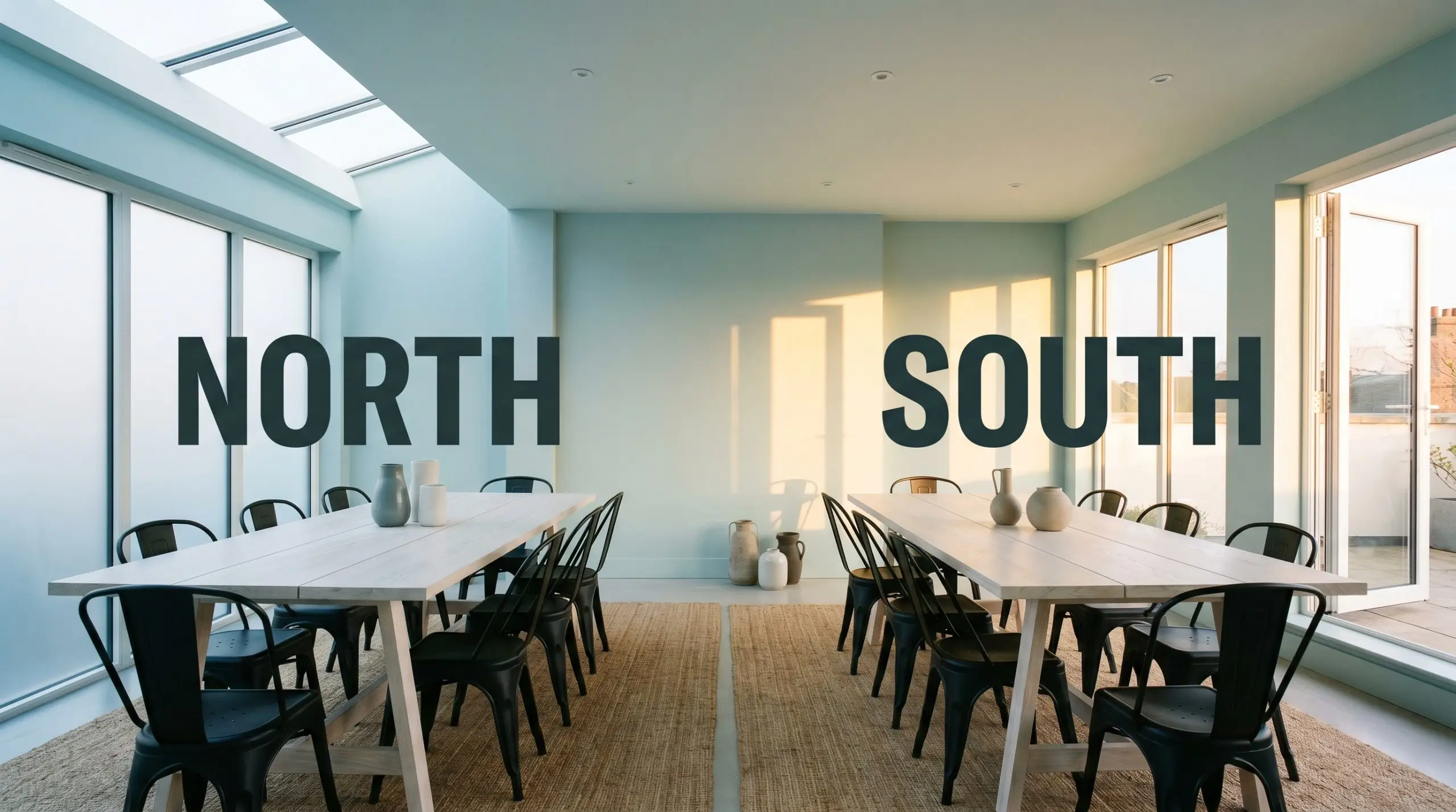 A continuous modern dining room painted Dulux Mineral Mist (Hex #C3D8E3) shifts from crisp cool tones in North-facing light to warm golden hues in South-facing exposure.