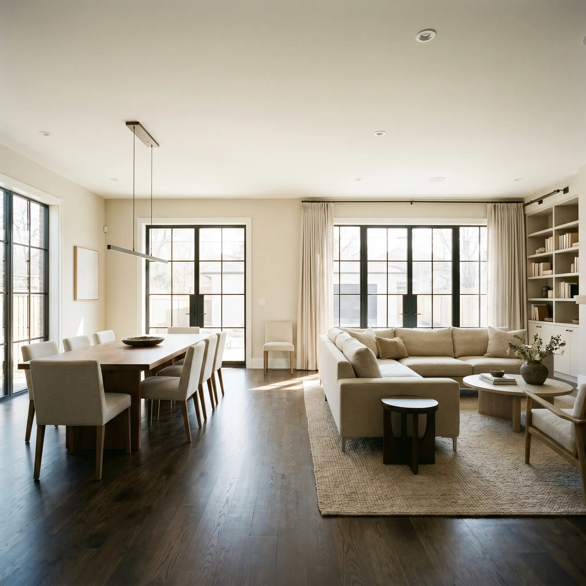 A sleek dining zone transitions into a cozy seating area with dark-stained hardwood floors and walls painted in Benjamin Moore Classic Gray (Hex #E3E0D7).