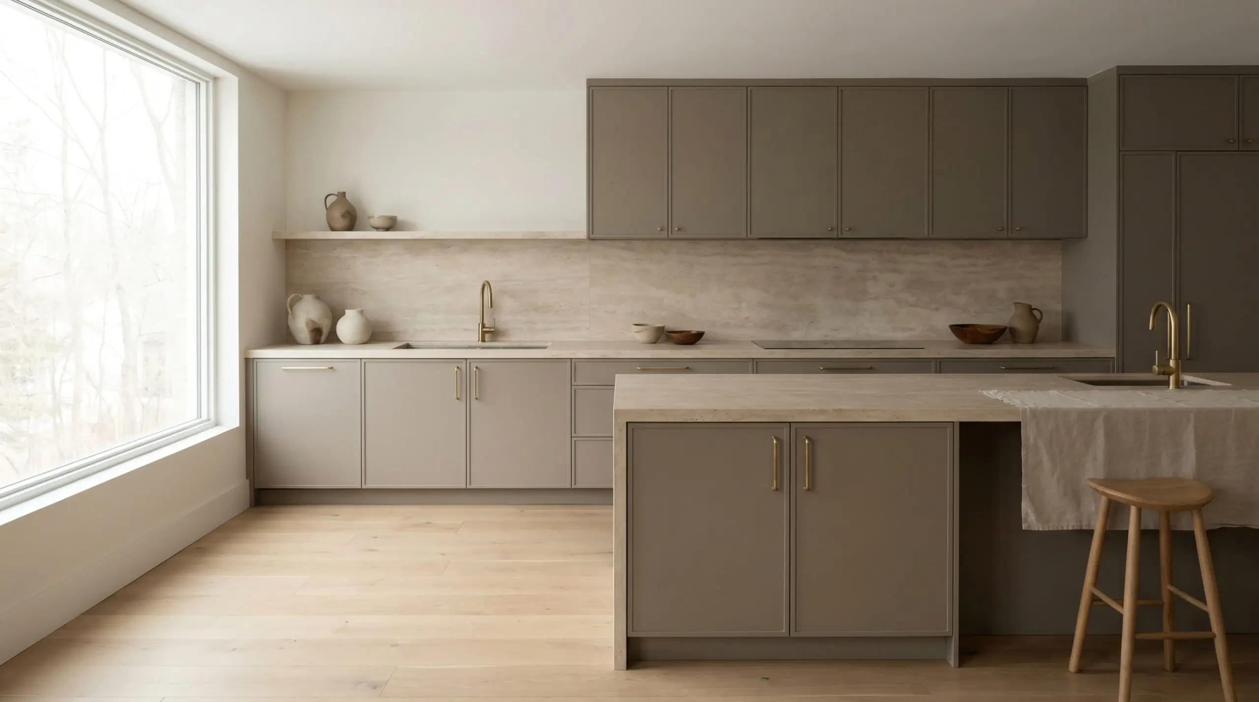 Sleek flat-panel kitchen cabinets painted in Benjamin Moore Deep Creek (Hex #6B655B) contrast against white walls, matte travertine countertops, and wide-plank white oak floors.