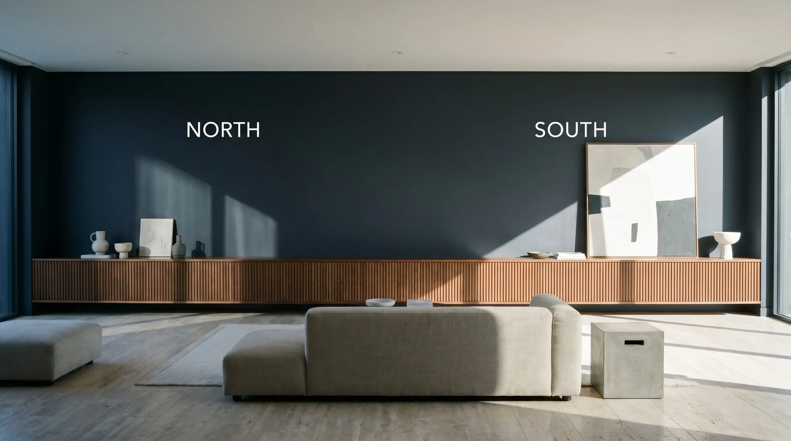 A minimalist living room painted in Dulux Slow Swing (Hex #2C3241) shifts from cool shadows in North-facing light to bright warmth in South-facing exposure.