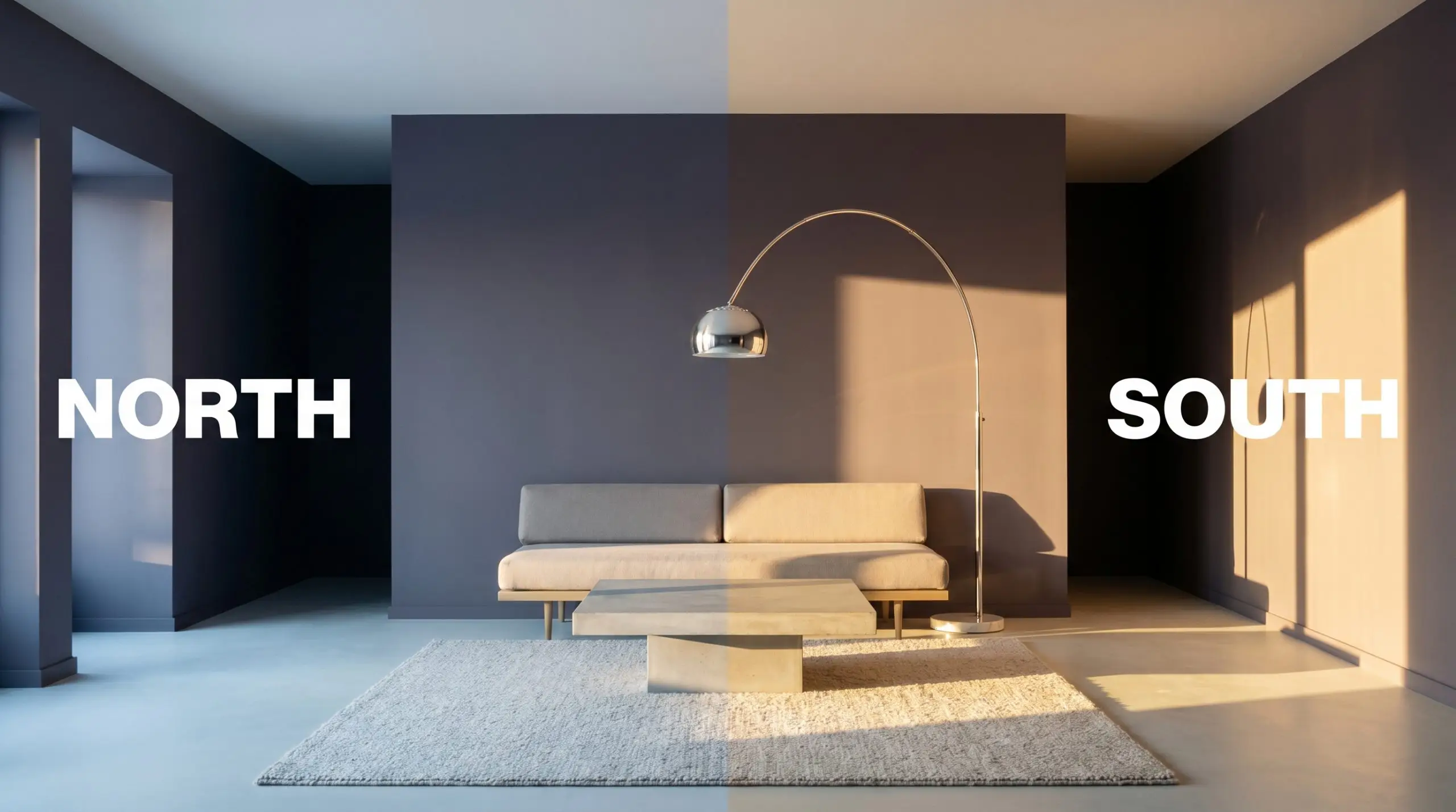 A split-screen reveals how Benjamin Moore Shadow shifts from a moody charcoal in cool Northern light to a velvety plum in warm Southern exposure.