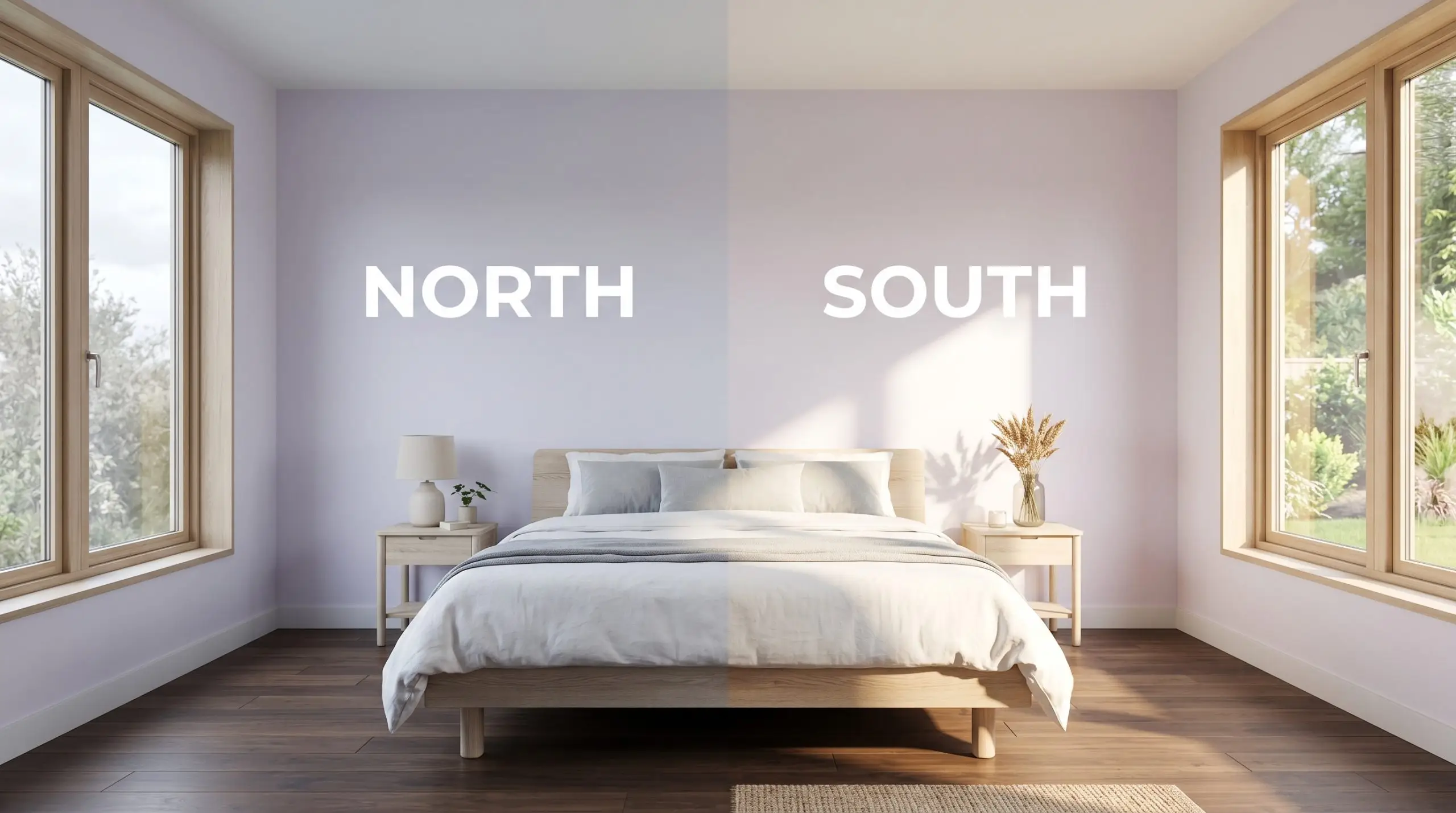 A bleached oak platform bed anchors a seamless minimalist bedroom, shifting from a flat gray-blue cast in cool Northern light to warm violet in Southern exposure.