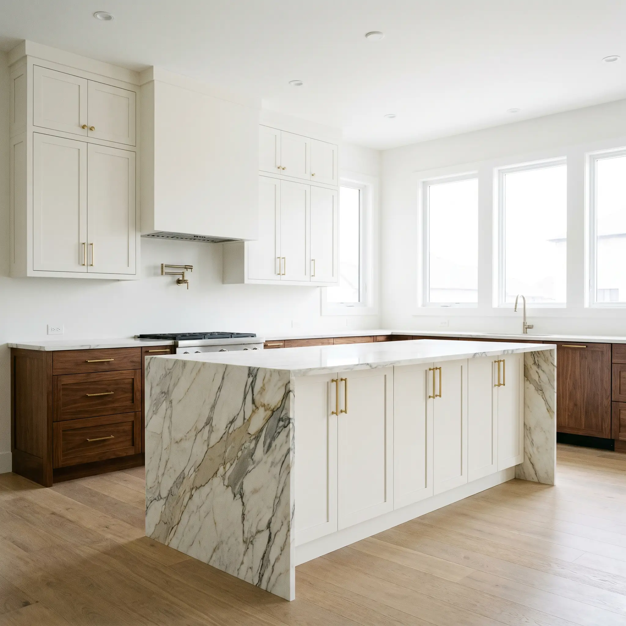 Warm stained wood lower cabinets with brushed brass pulls contrast against luminous warm off-white upper cabinetry and a striking marble waterfall edge island.