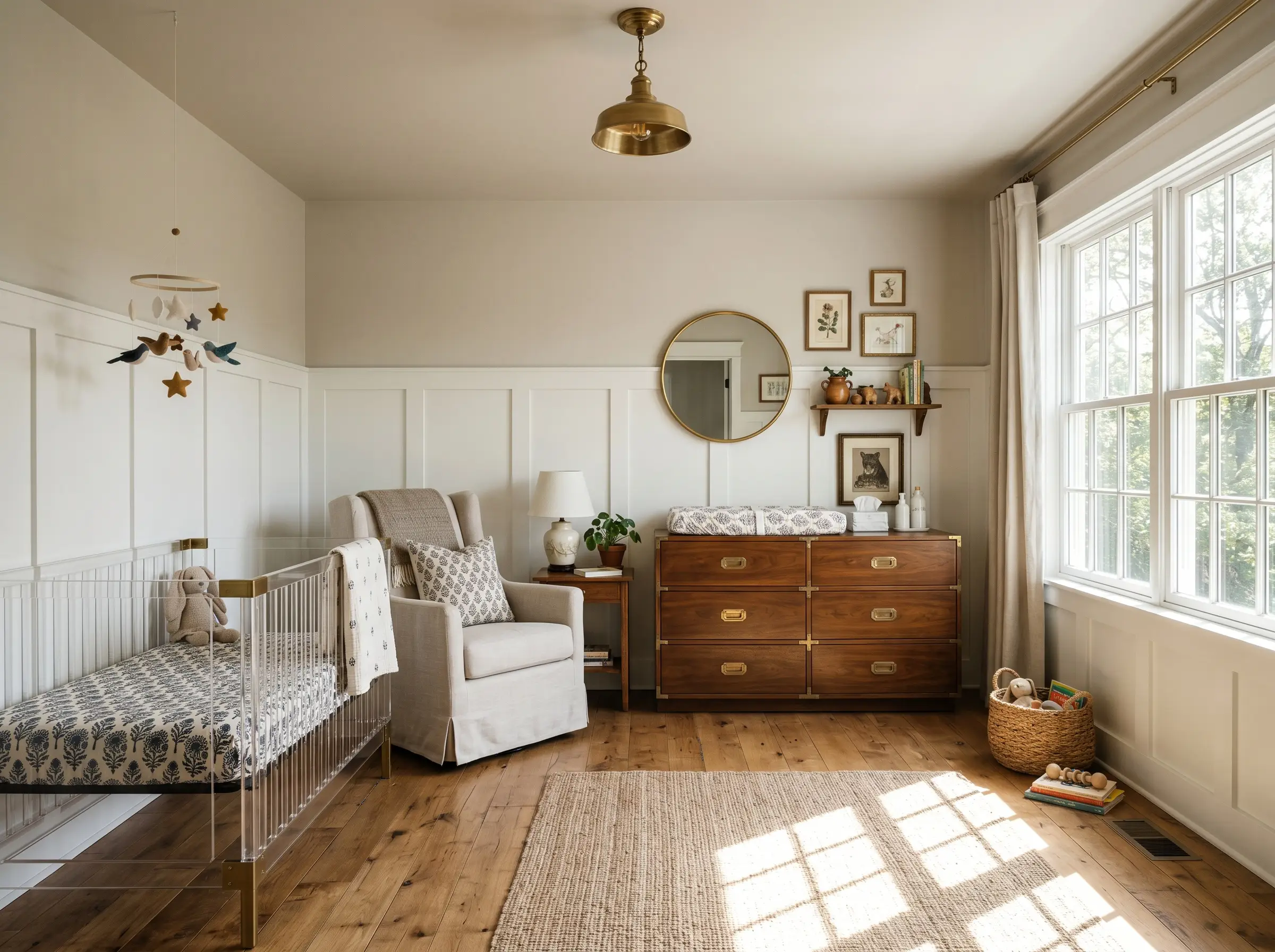A modern acrylic crib and slipcovered glider sit beside a vintage campaign dresser against upper walls painted in PPG Silver Screen (Hex #e0dddd) and crisp white board and batten.