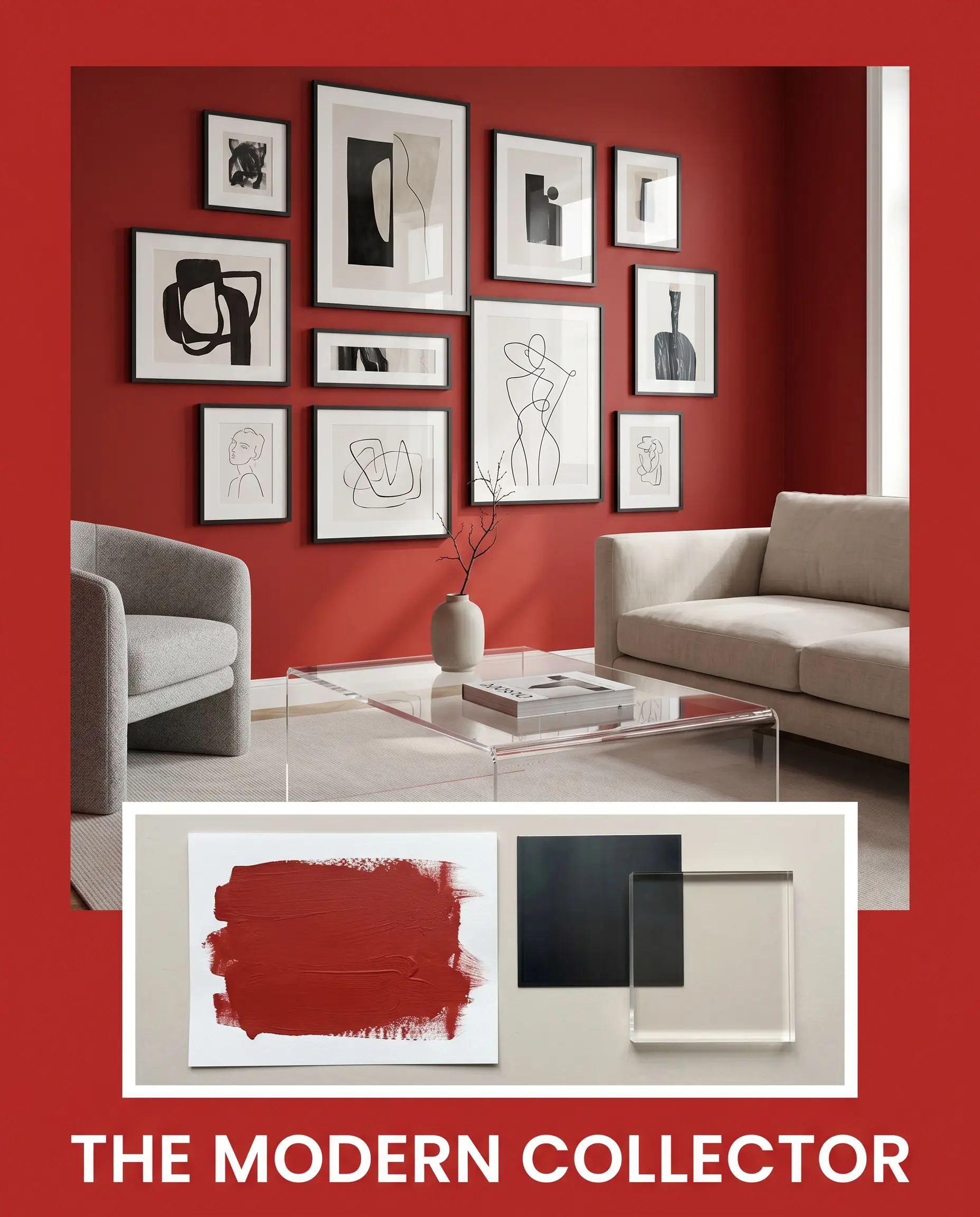 An editorial magazine layout presents a gallery-like living space with Benjamin Moore Red walls, matte black steel frames, and a lucite coffee table above a curated material flat-lay.