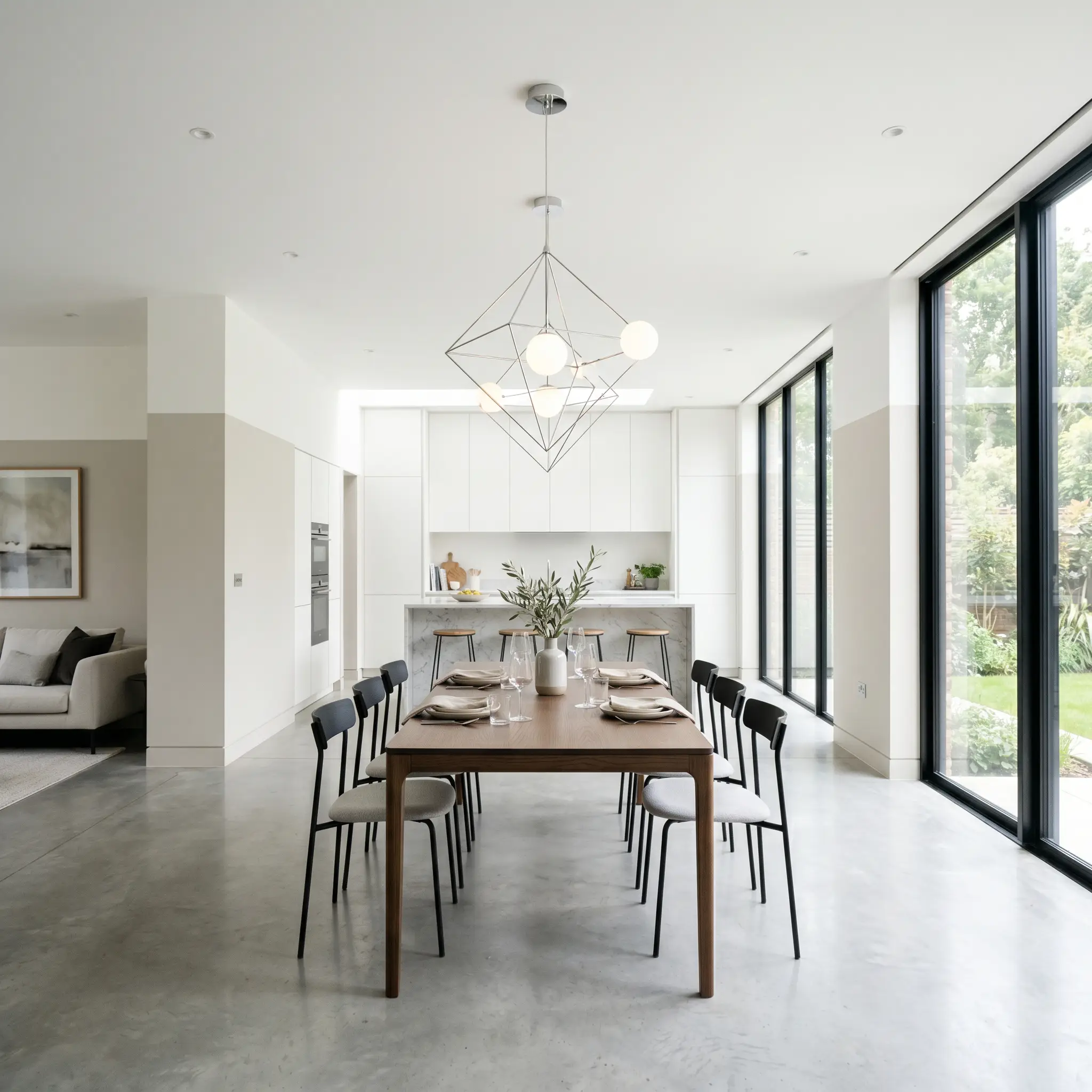 Striking sculptural lighting fixtures hang above a sleek dining table in an open-concept space featuring a two-tone greige and brilliant white wall treatment.