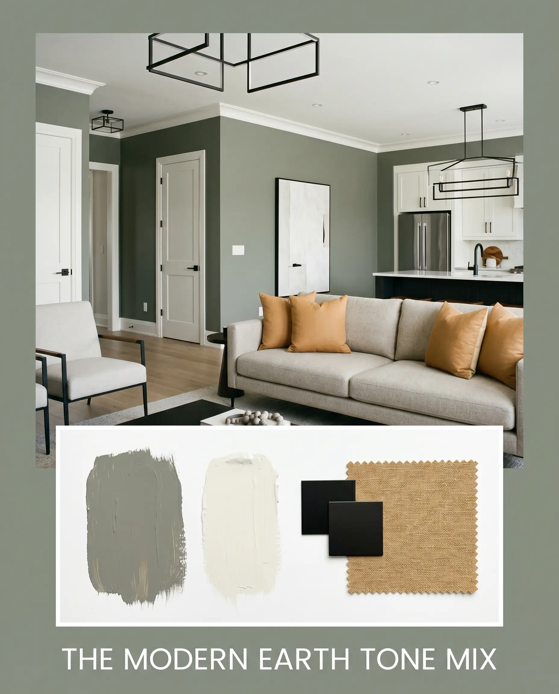 A modern living room with walls painted Farrow & Ball Card Room Green (Hex #878f81) and crisp white trim is displayed above an editorial flat-lay containing matching paint applications and black metal swatches.