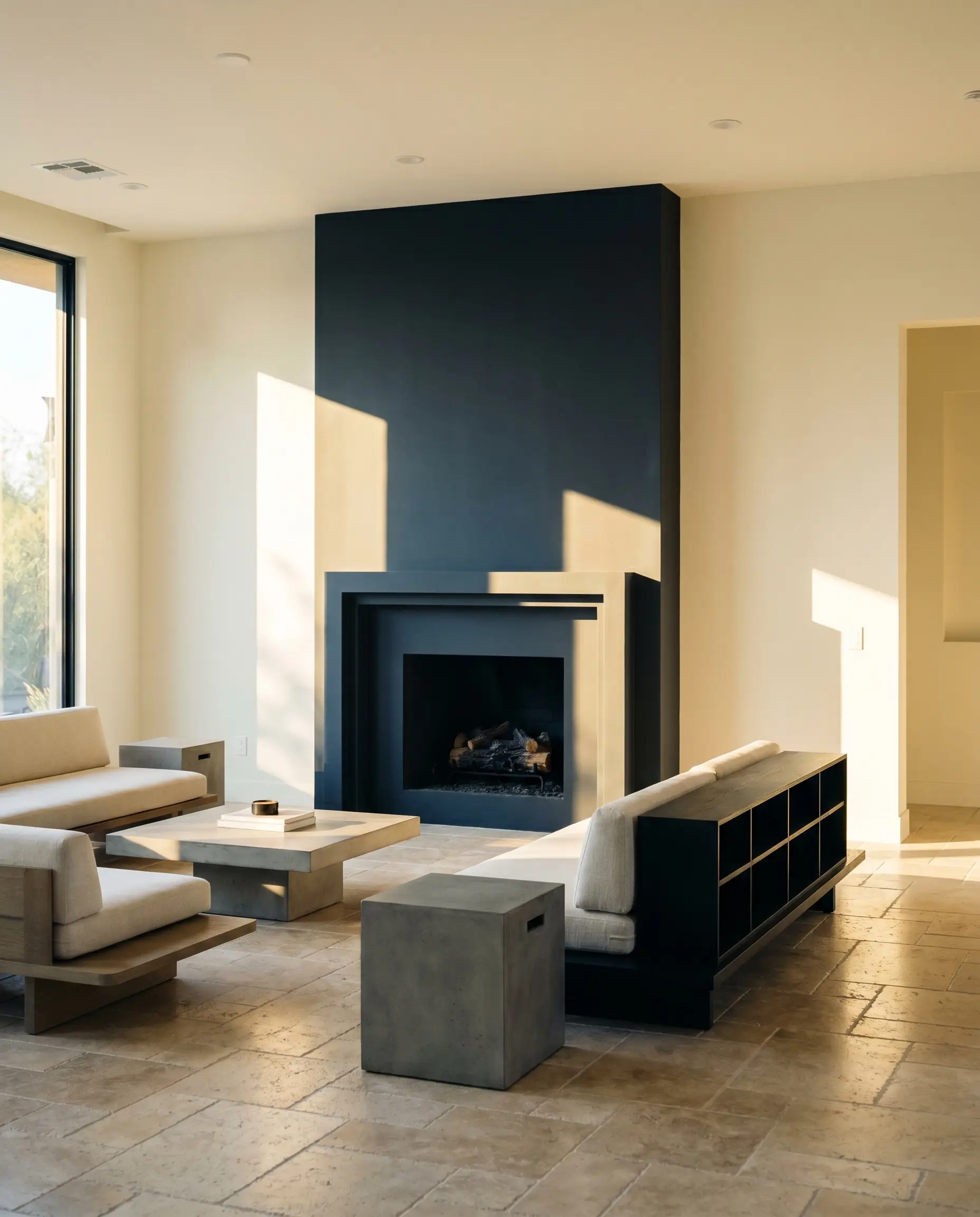 A striking deep indigo-blue modern fireplace surround contrasts against off-white walls and tumbled travertine floors in a minimalist contemporary living room.