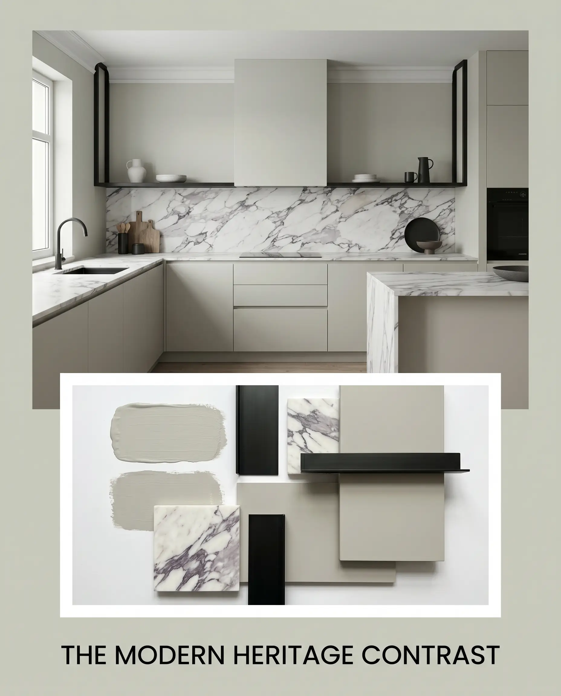 A design board titled THE MODERN HERITAGE CONTRAST displays a sleek kitchen with matte black linear ironwork above a flat-lay of Calacatta Viola marble and atmospheric neutral swatches.