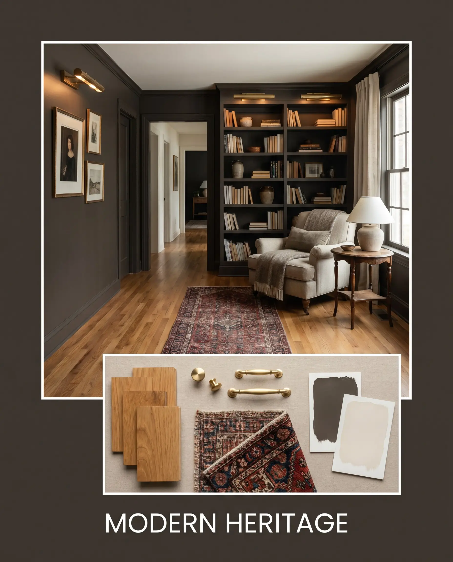 A flat-lay of warm honey oak swatches, unlacquered brass hardware, and vintage Persian rug textiles sits below a tailored room featuring Sherwin-Williams Clove walls.