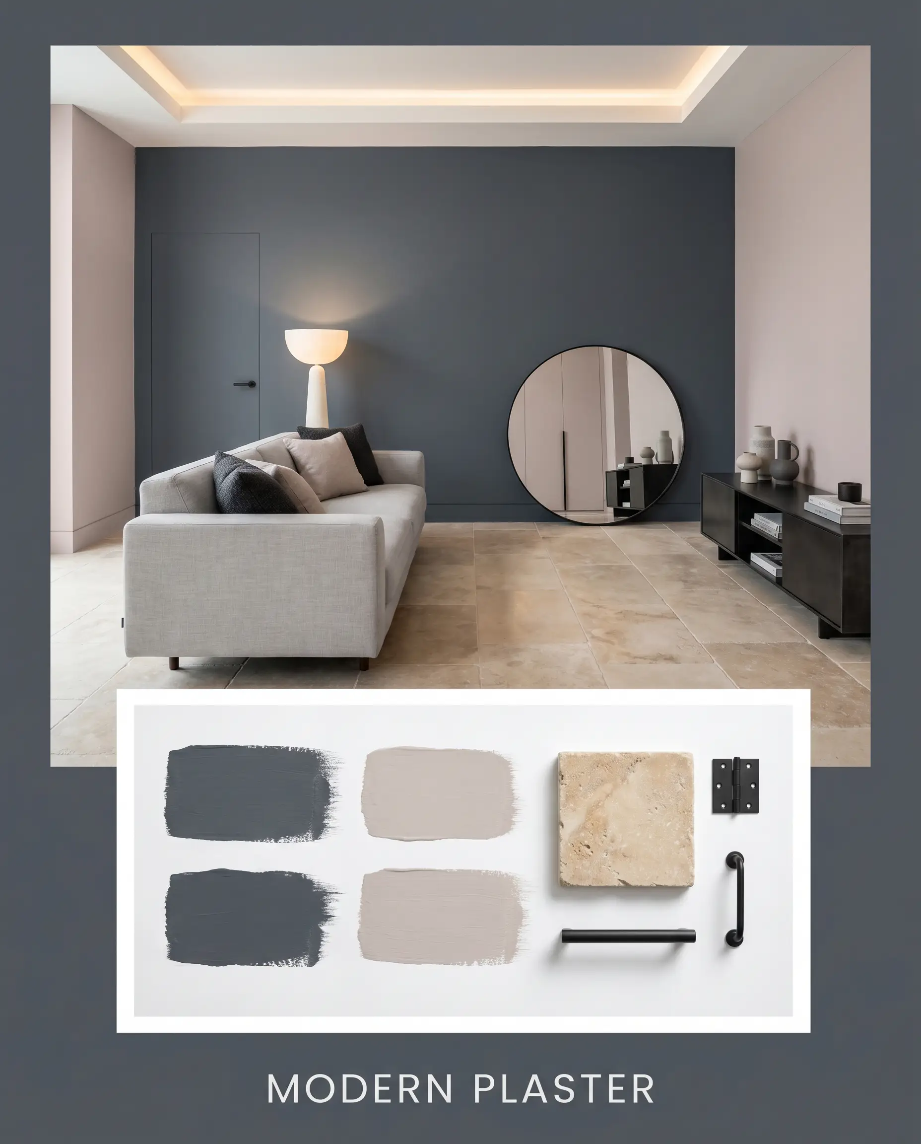 An editorial concept board highlights a contemporary living space with a dark charcoal accent wall, tumbled limestone flooring, and a flat-lay of matte black hardware.