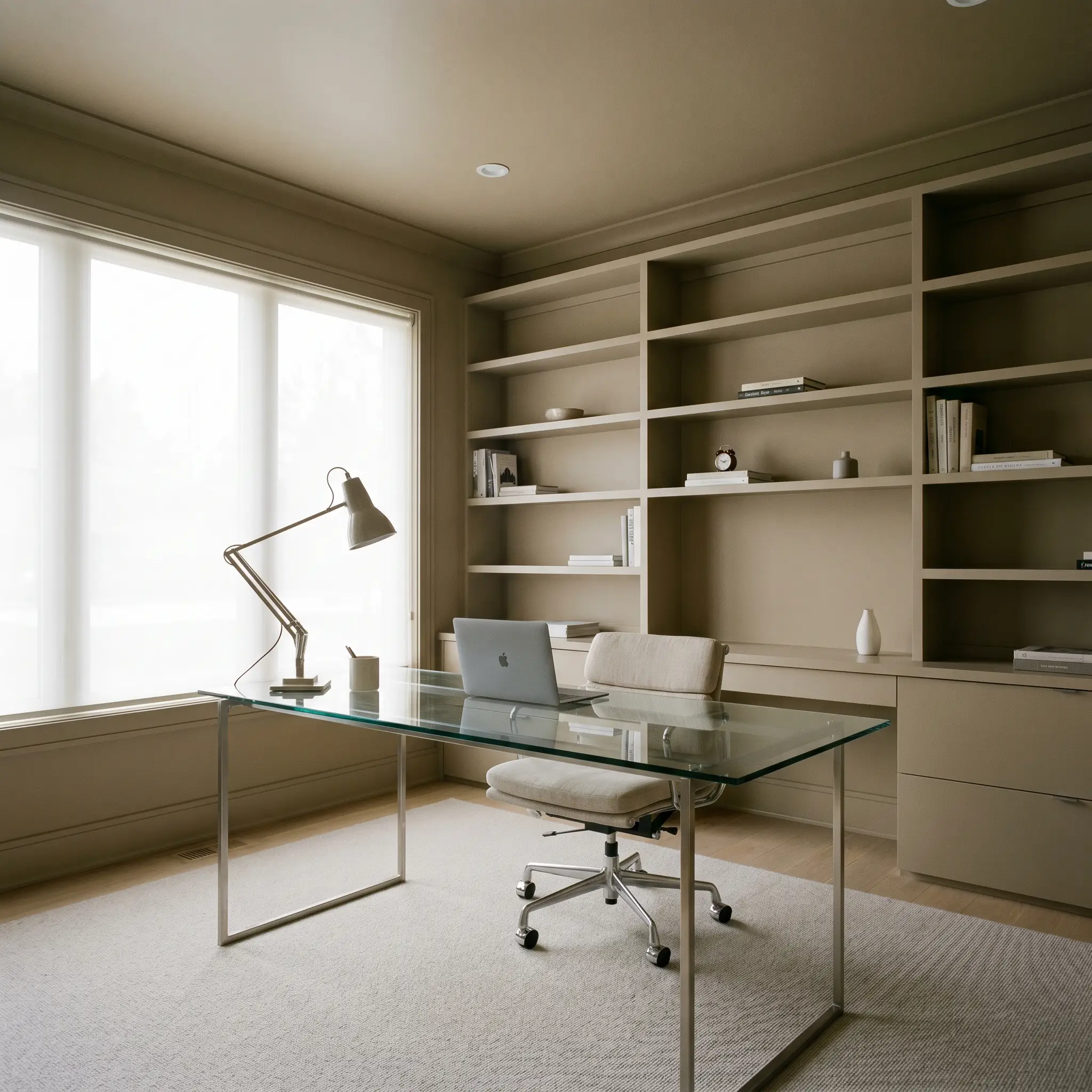 A dedicated home office features walls and built-in shelving painted in Sherwin-Williams Universal Khaki (Hex #B8A992), surrounding a sleek glass-topped desk and a linen rolling chair.