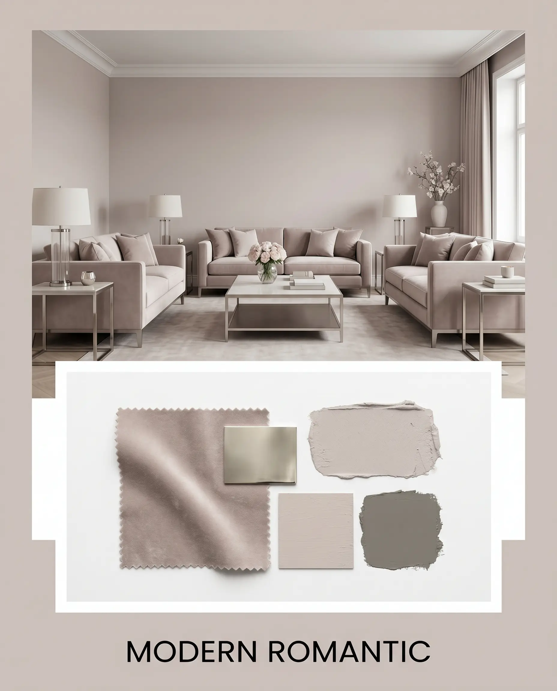 A tailored living room featuring sleek low-profile velvet seating is displayed above an inset panel containing a velvet fabric swatch, polished nickel metal, and romantic neutral paint textures.